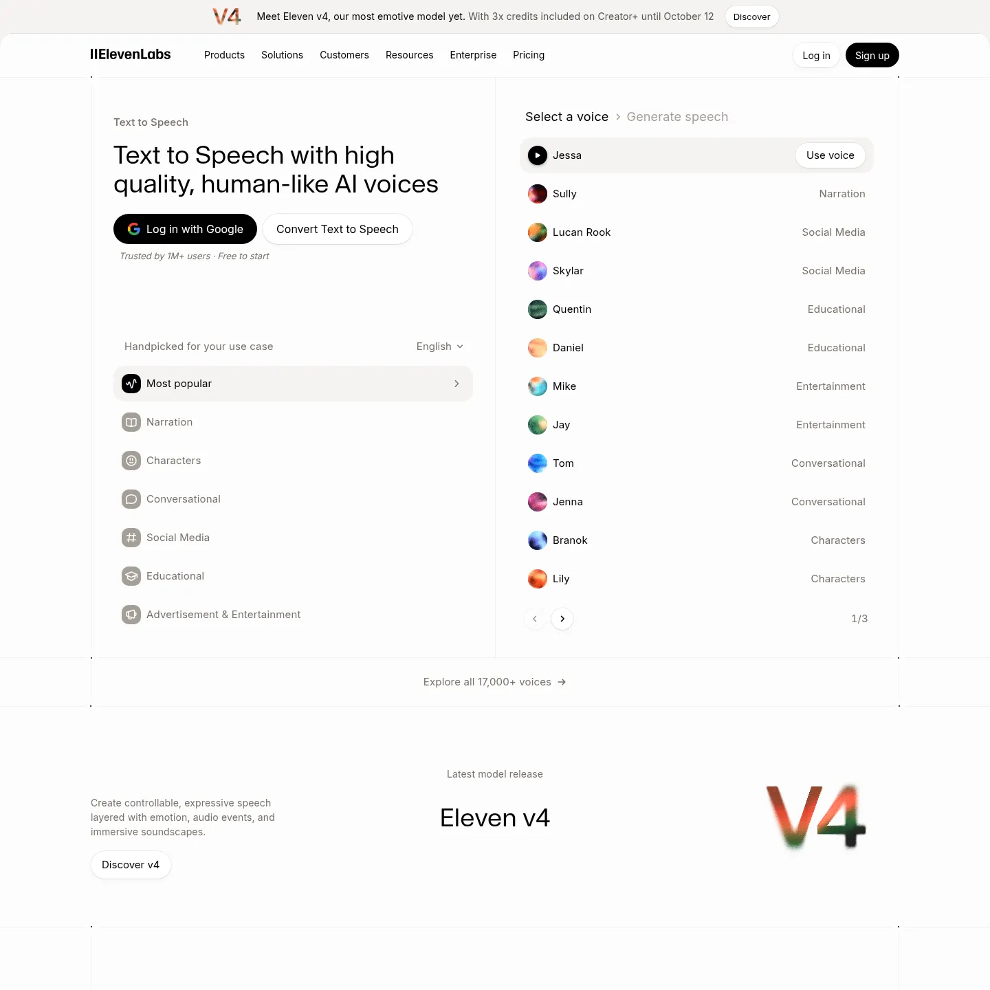 Page de synthèse vocale ElevenLabs présentant le choix des voix et des modèles