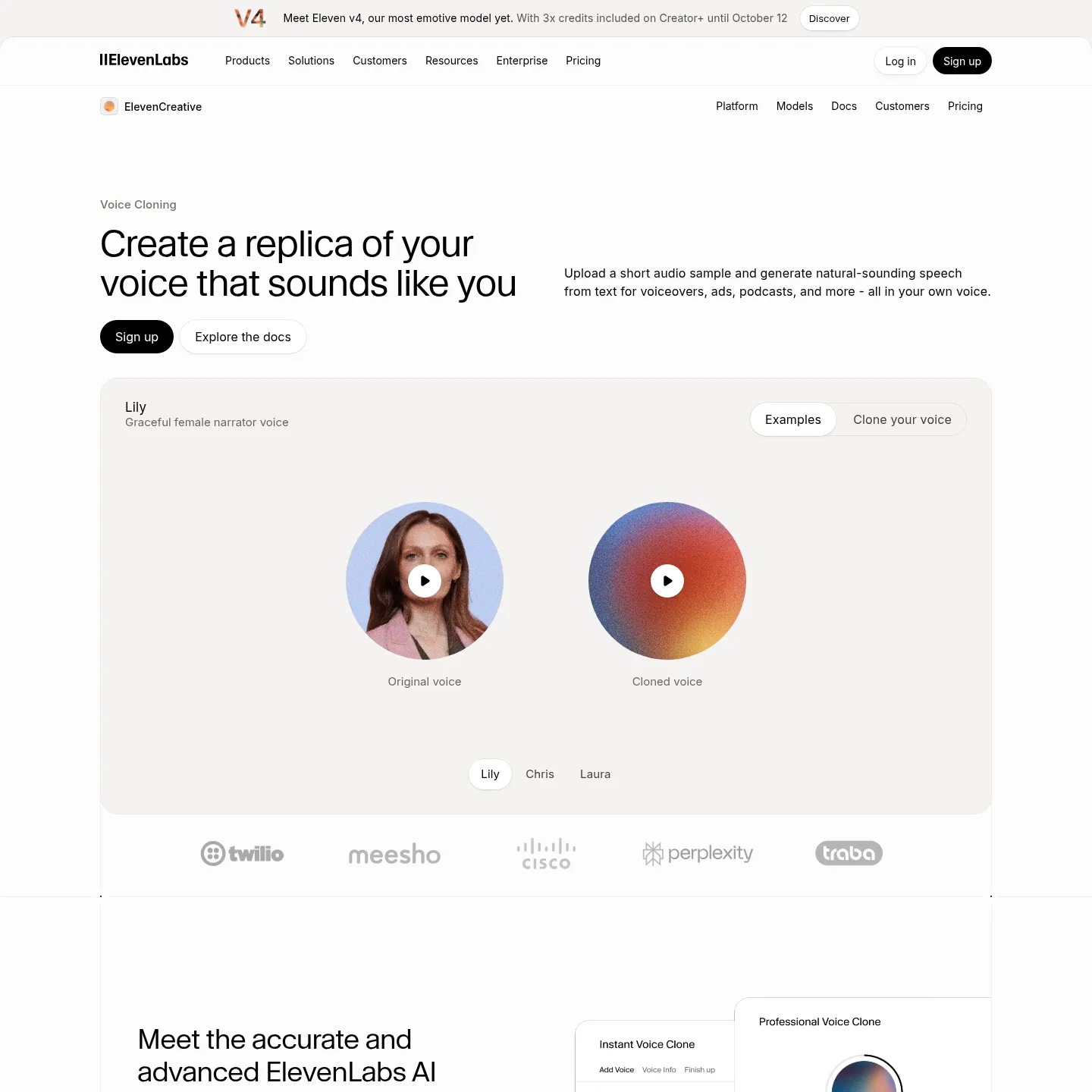 Page de clonage de voix ElevenLabs présentant les options instantanée et professionnelle