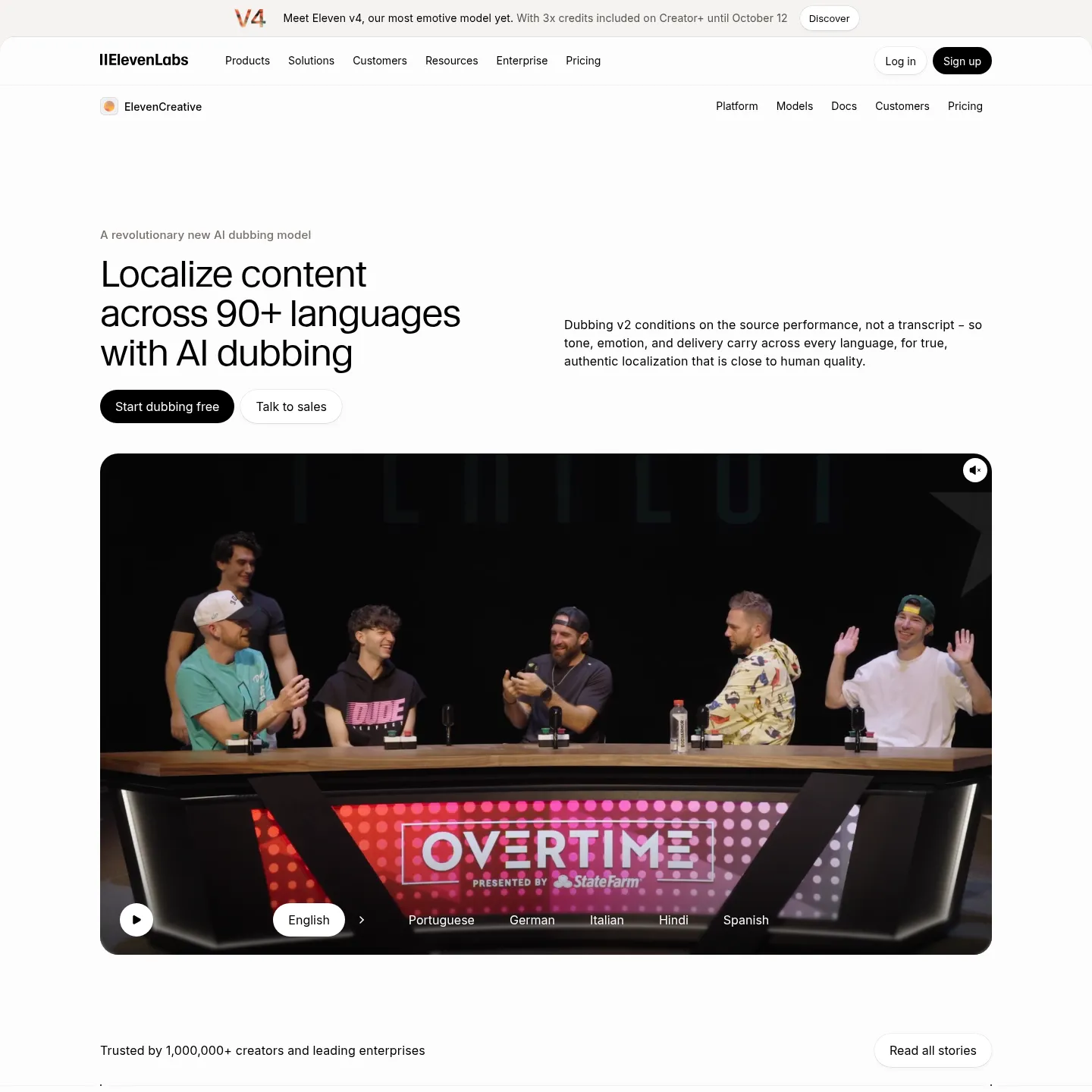 Page de doublage ElevenLabs présentant la localisation multilingue de contenus audio et vidéo
