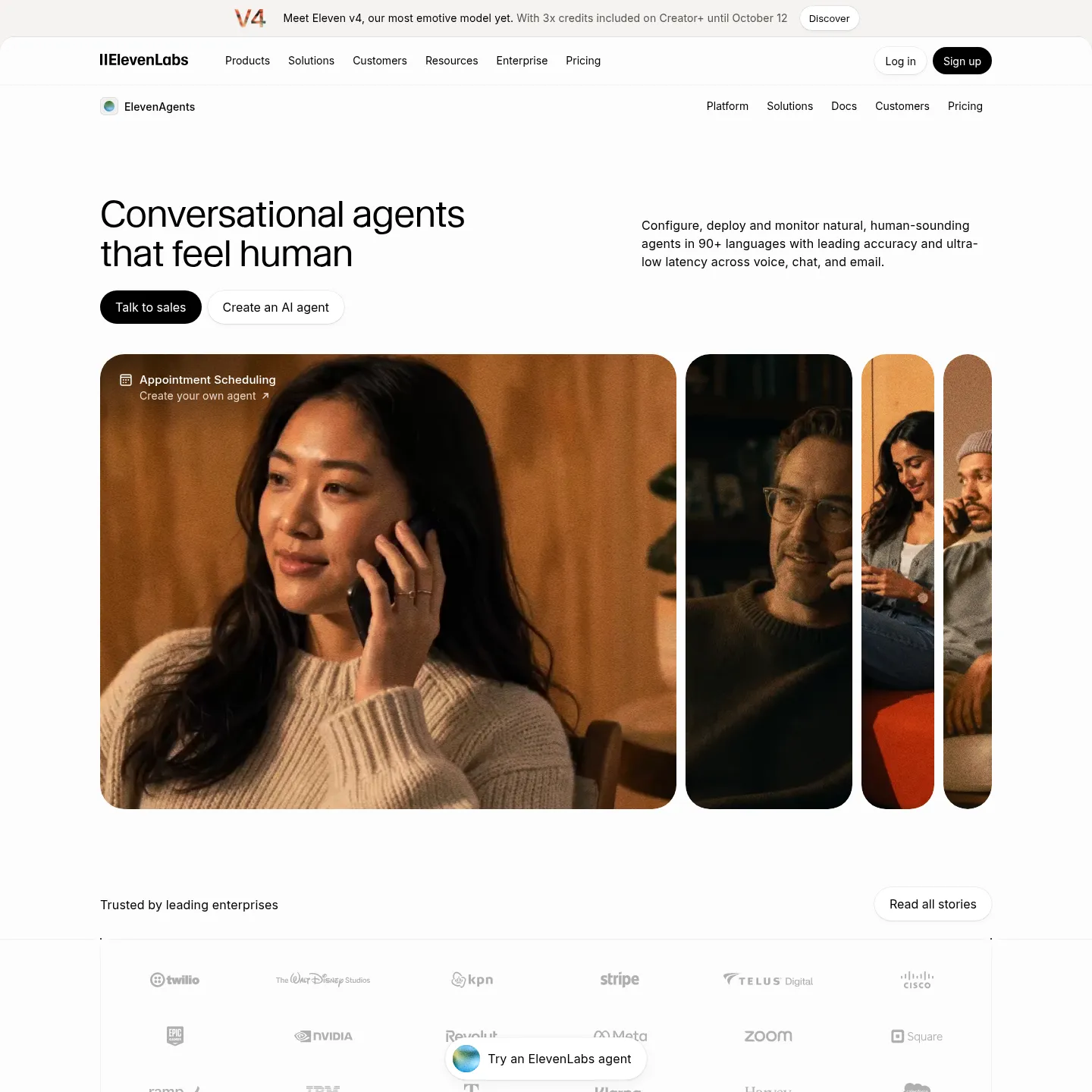 Plateforme ElevenAgents présentant les workflows conversationnels et les intégrations métier