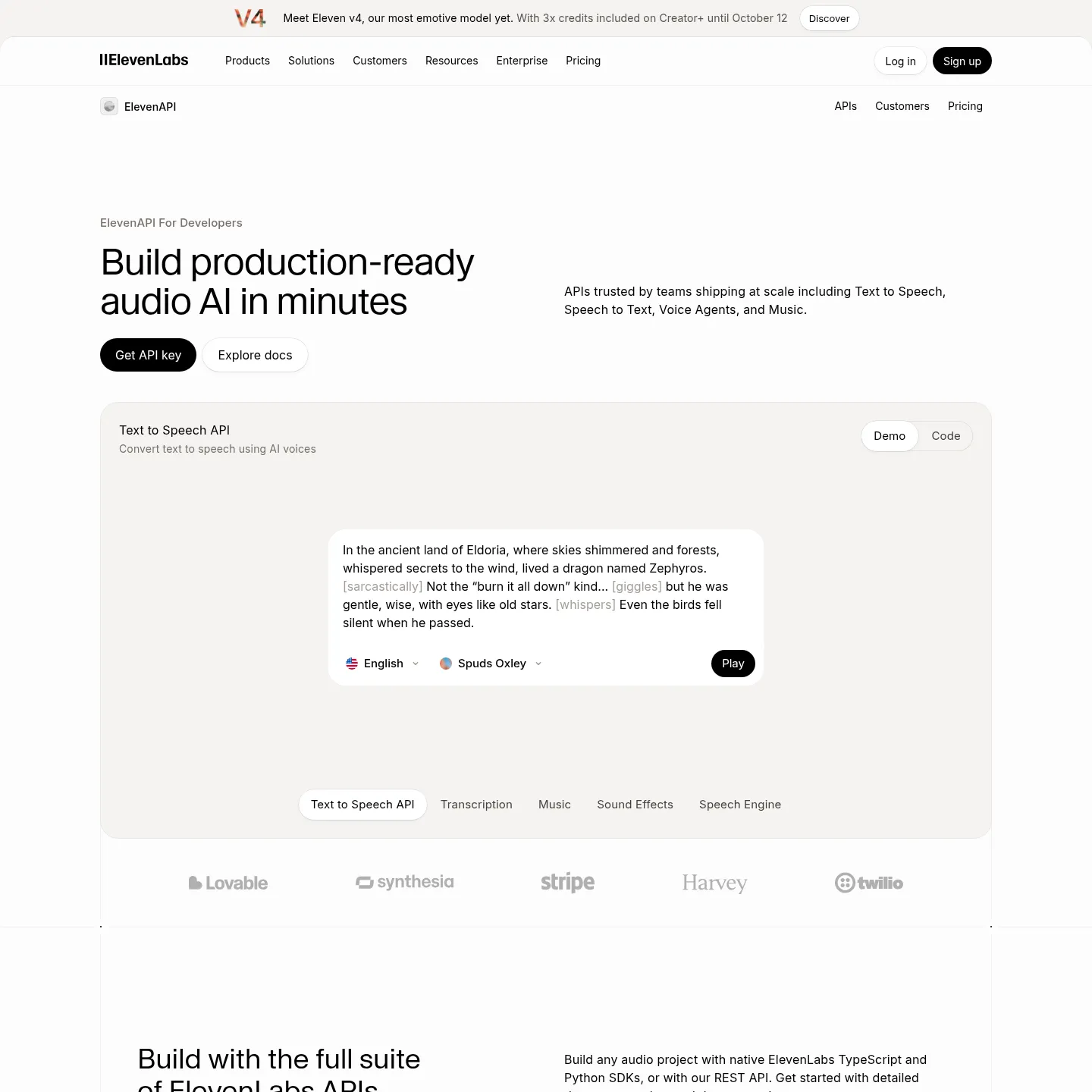 Page de l’API ElevenLabs pour intégrer des modèles audio dans des applications