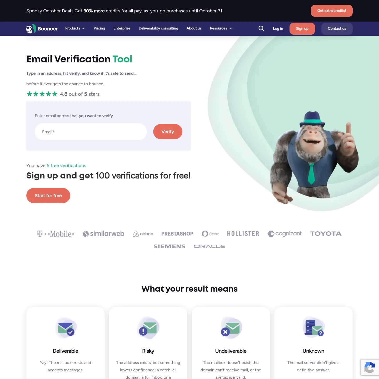 Bouncer email verification page showing result categories and list verification features