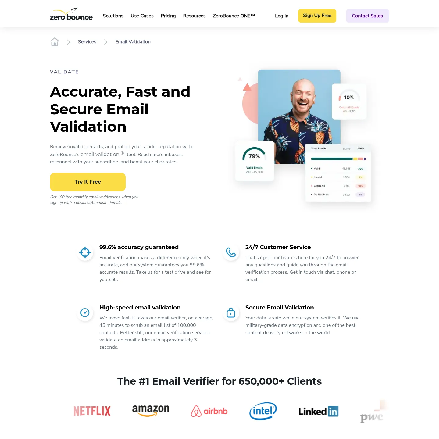 ZeroBounce email validation product page with validation and deliverability features