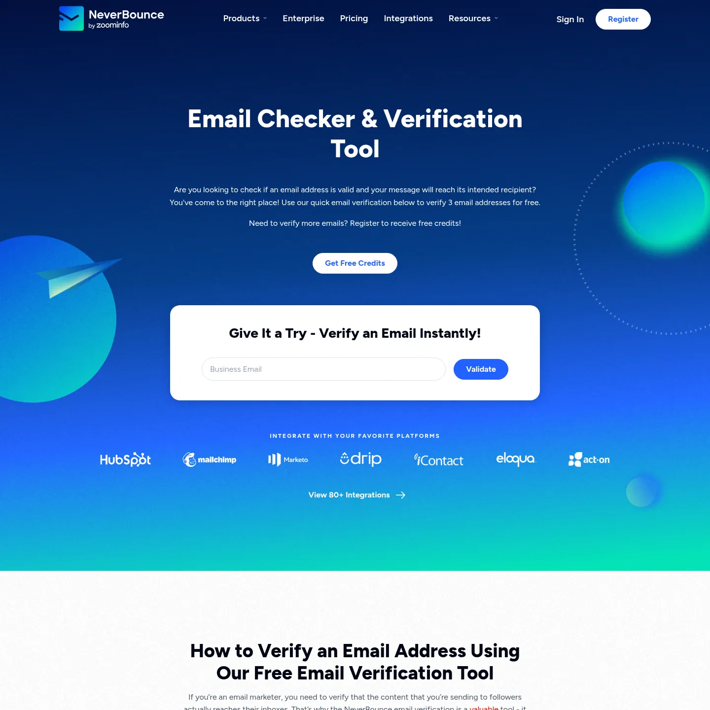NeverBounce email verification product page explaining verification workflows