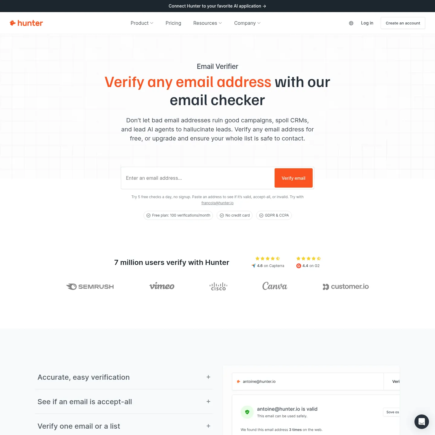 Hunter Email Verifier page with single-address verification and bulk workflow information