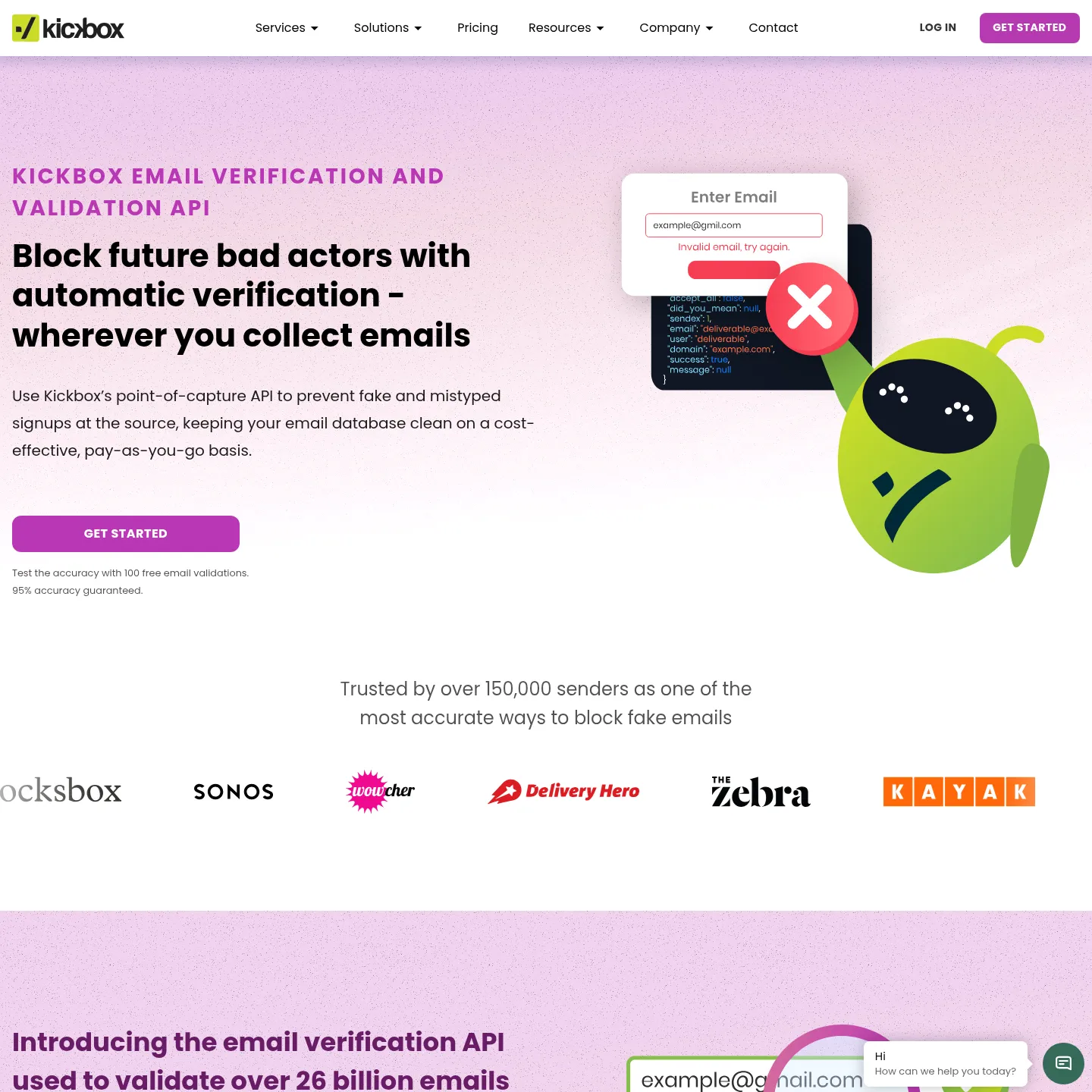 Kickbox real-time email verification API product page