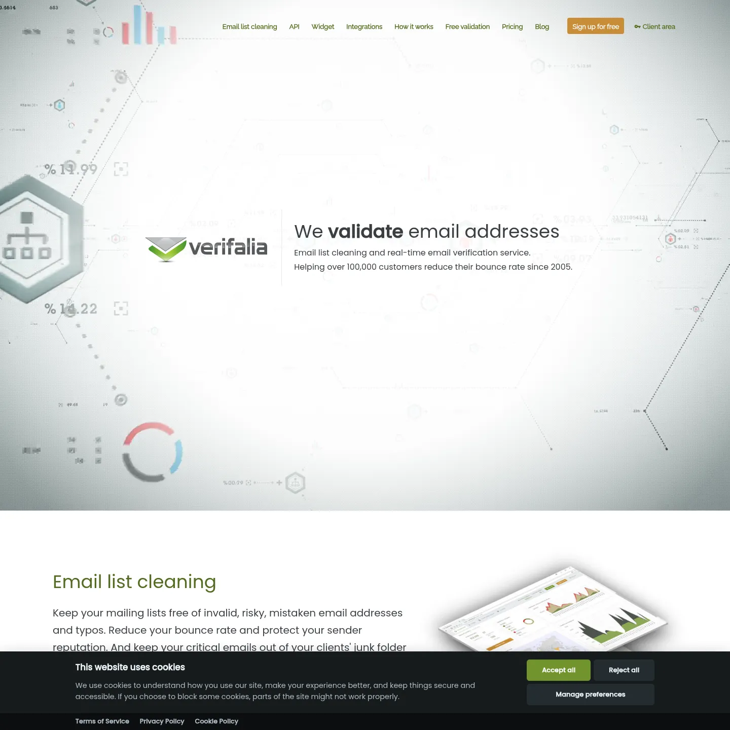 Verifalia product page showing list cleaning, API and form verification options