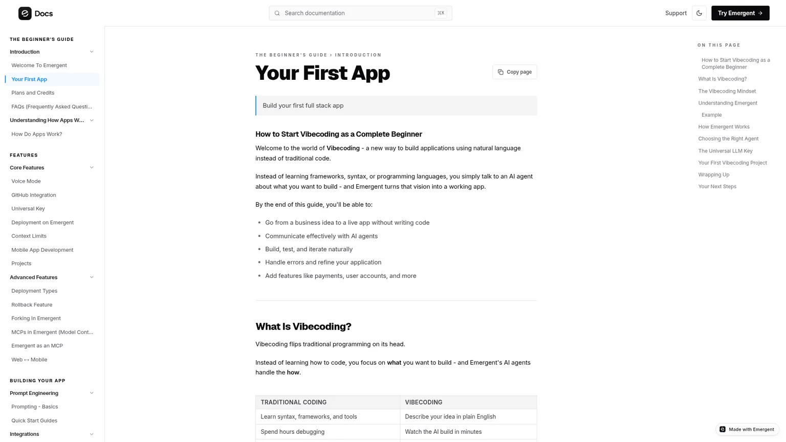 Emergent first-app workflow and preview documentation