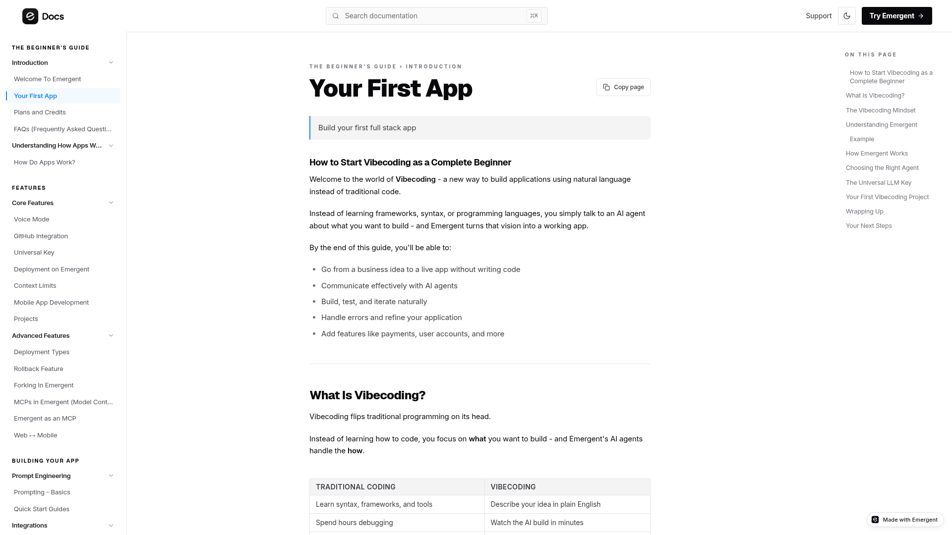 Emergent first-app workflow and preview documentation
