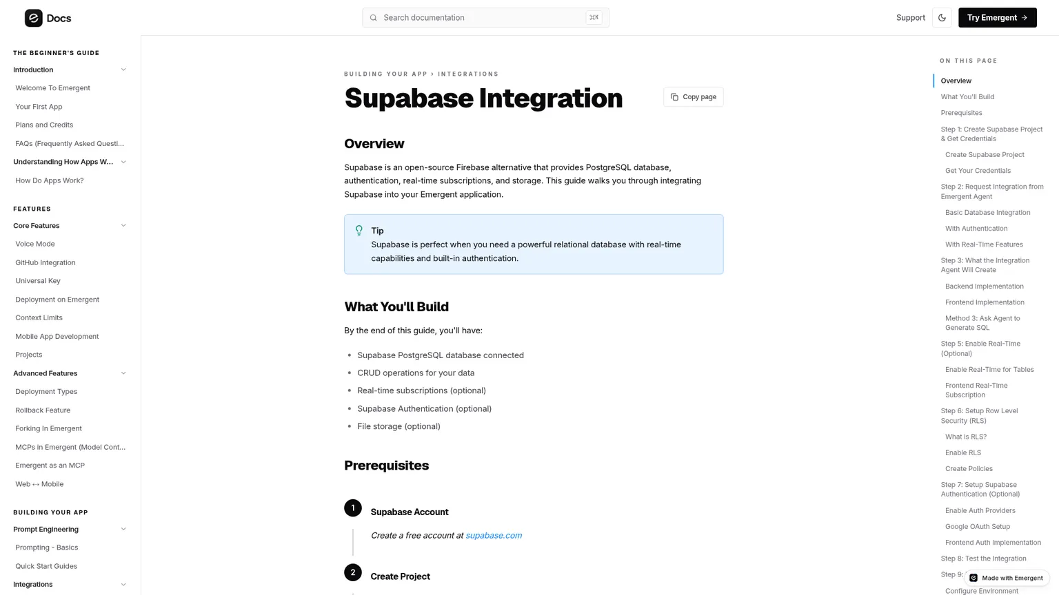 Emergent Supabase integration guide for database and authentication