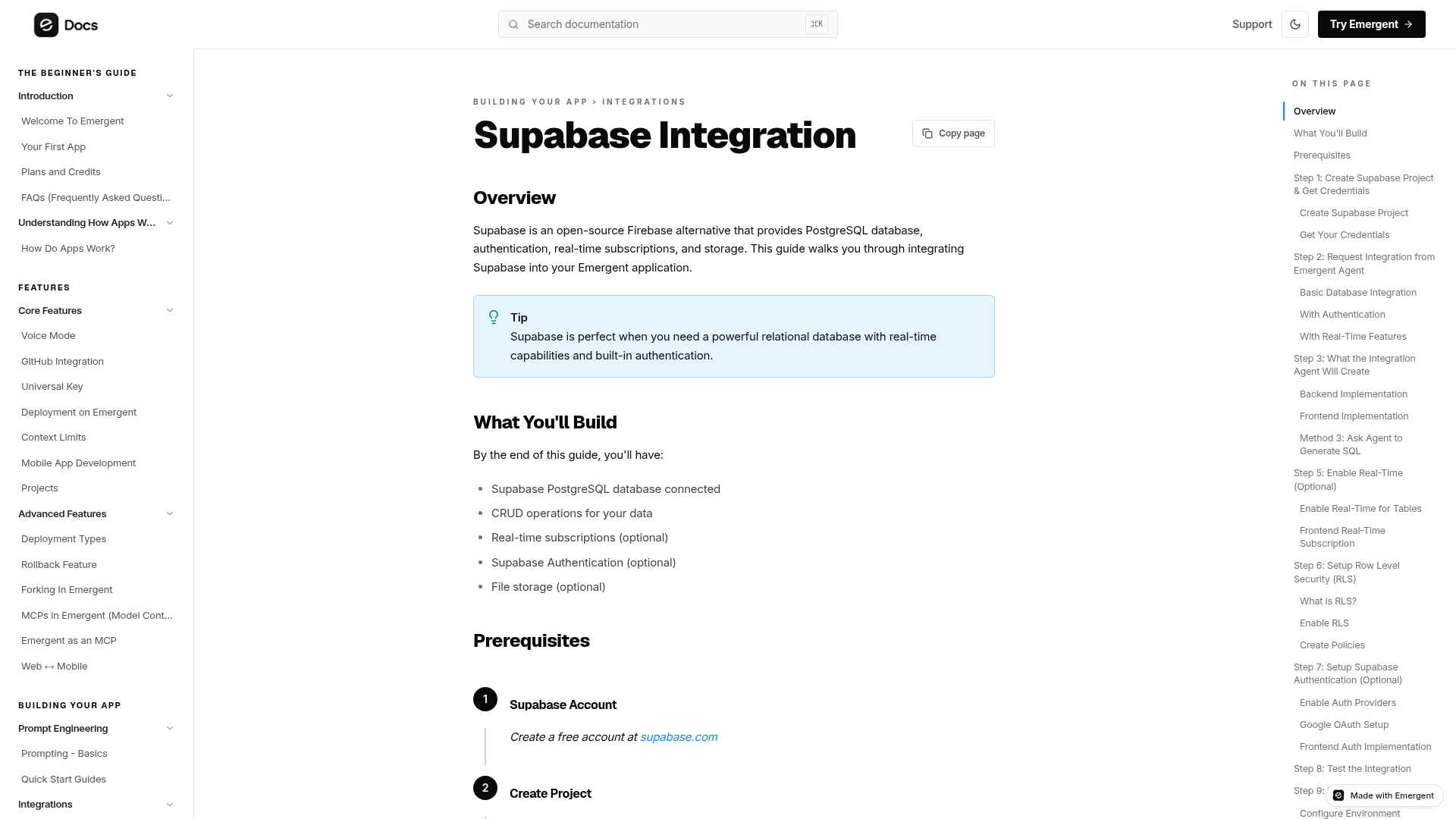 Emergent Supabase integration guide for database and authentication