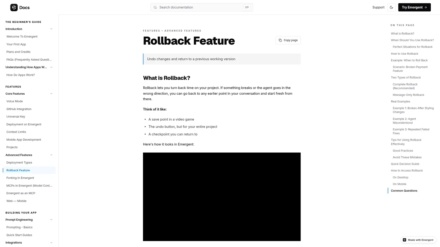 Emergent rollback feature documentation