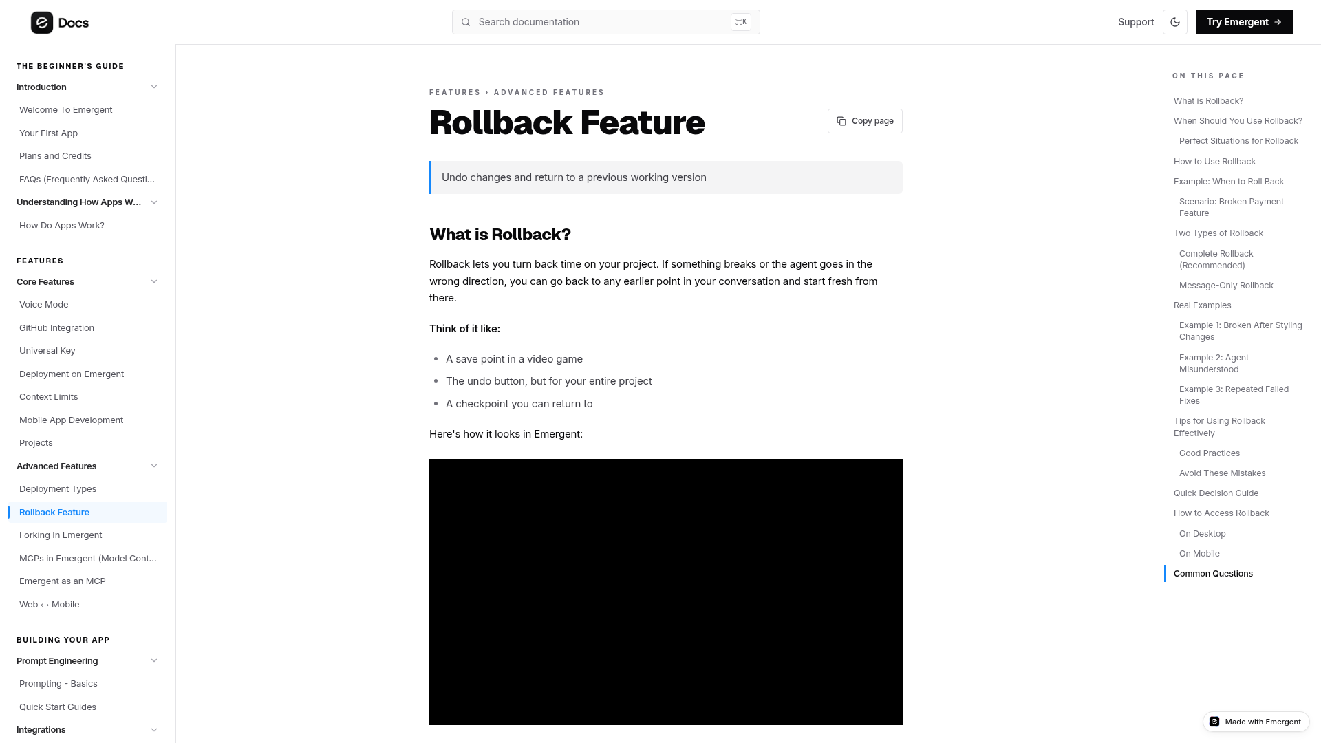 Emergent rollback feature documentation
