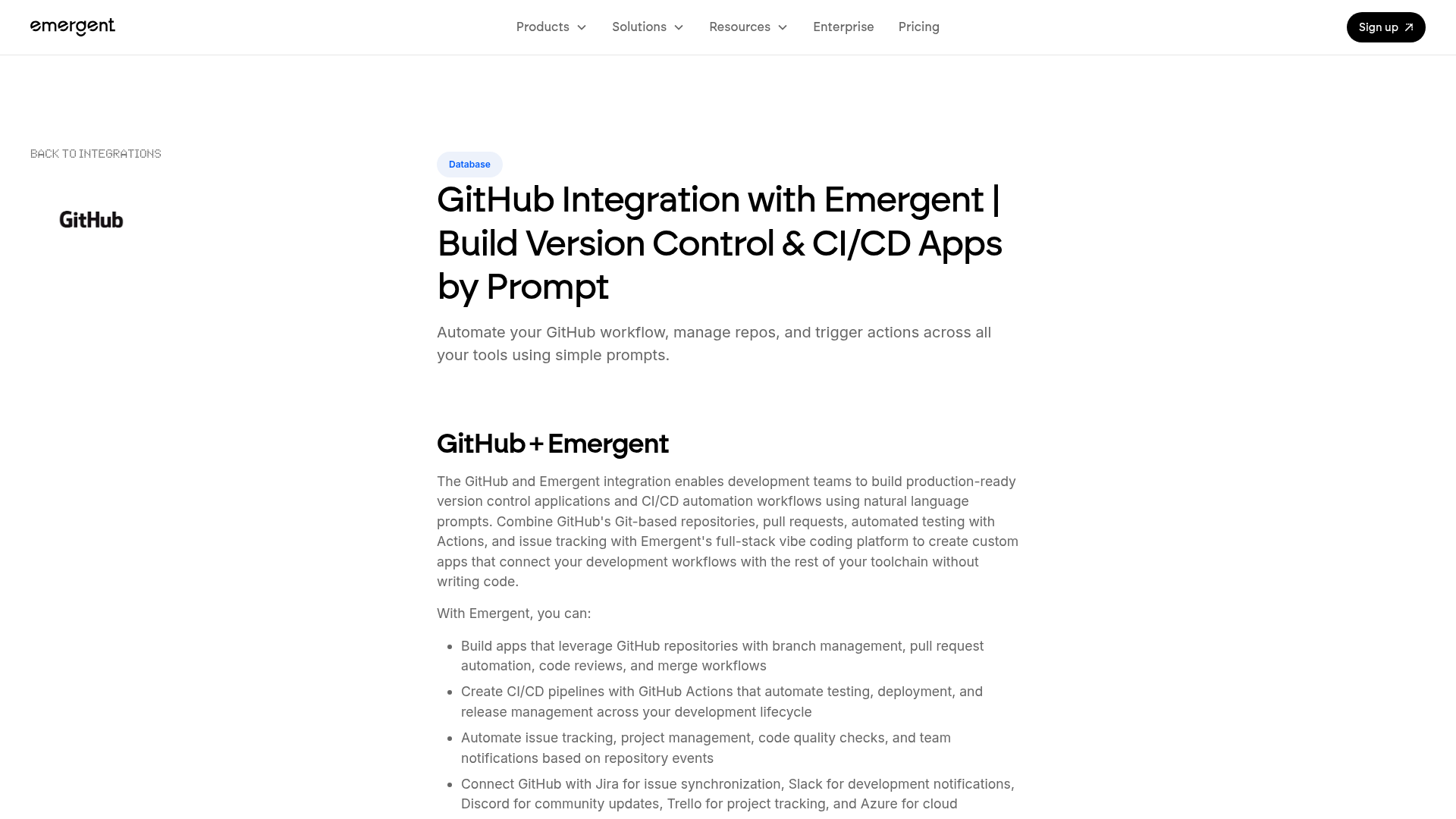 Emergent GitHub integration page