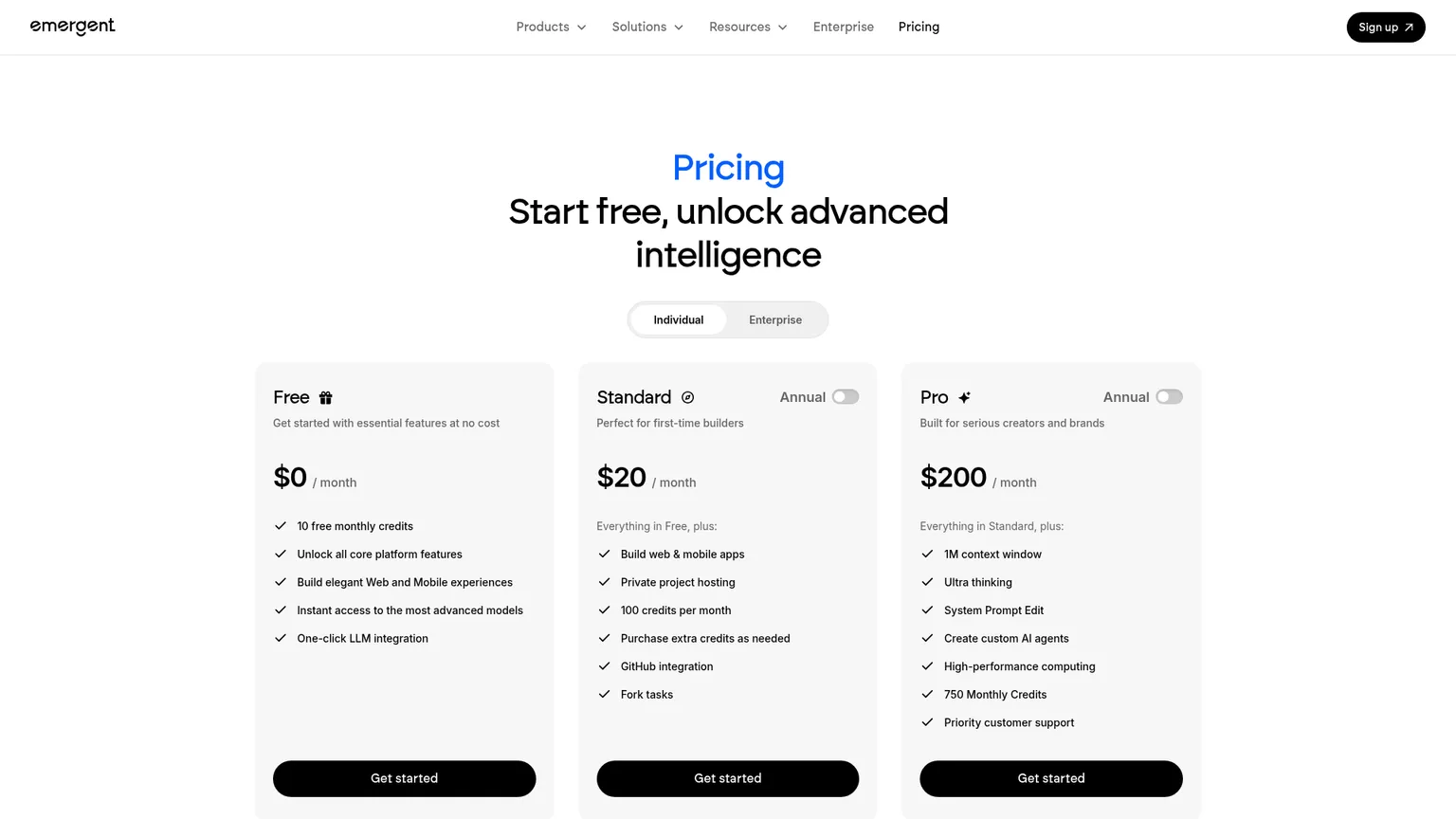 Current Emergent plan cards showing Free, Standard, Pro, Business, and Enterprise