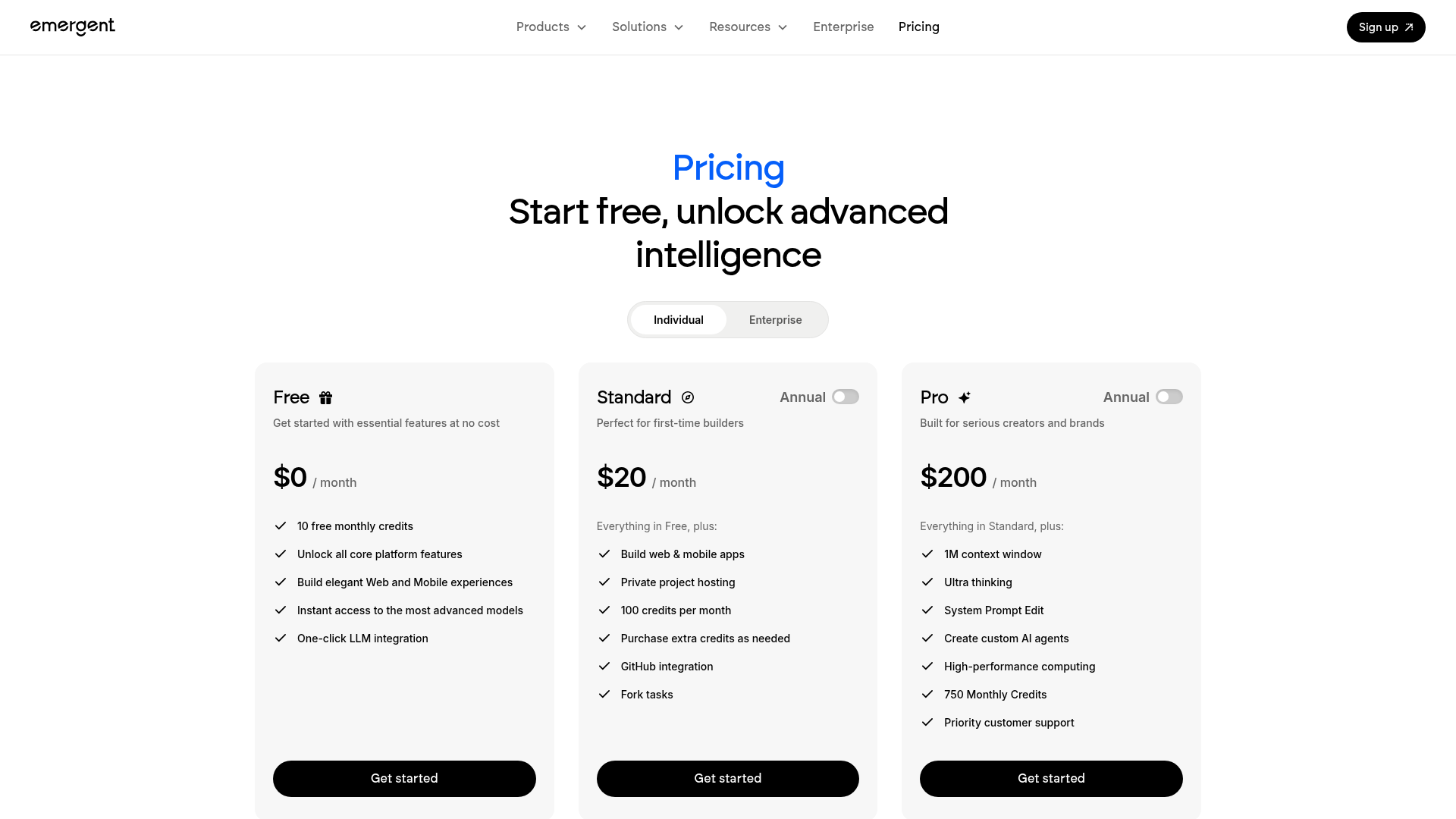 Current Emergent plan cards showing Free, Standard, Pro, Business, and Enterprise