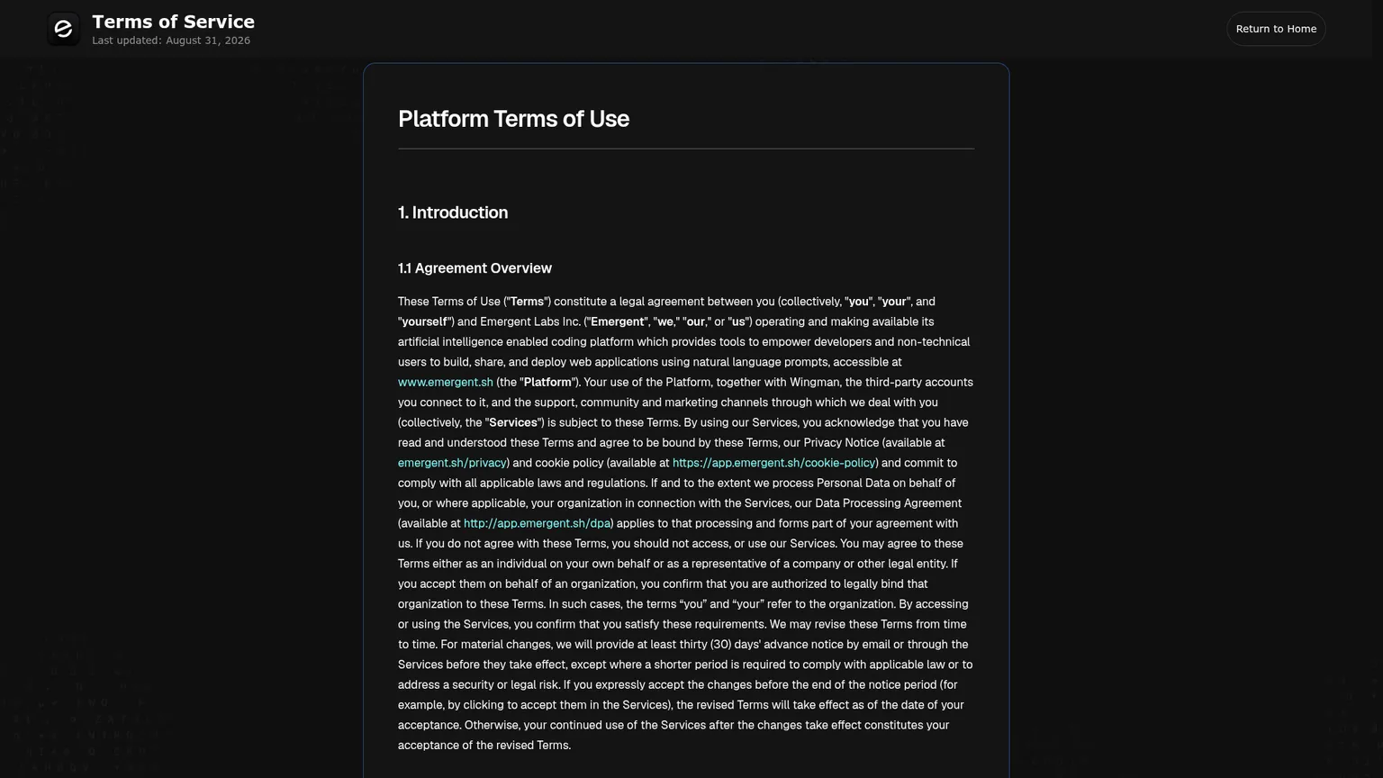 Emergent Terms of Service updated August 31 2026