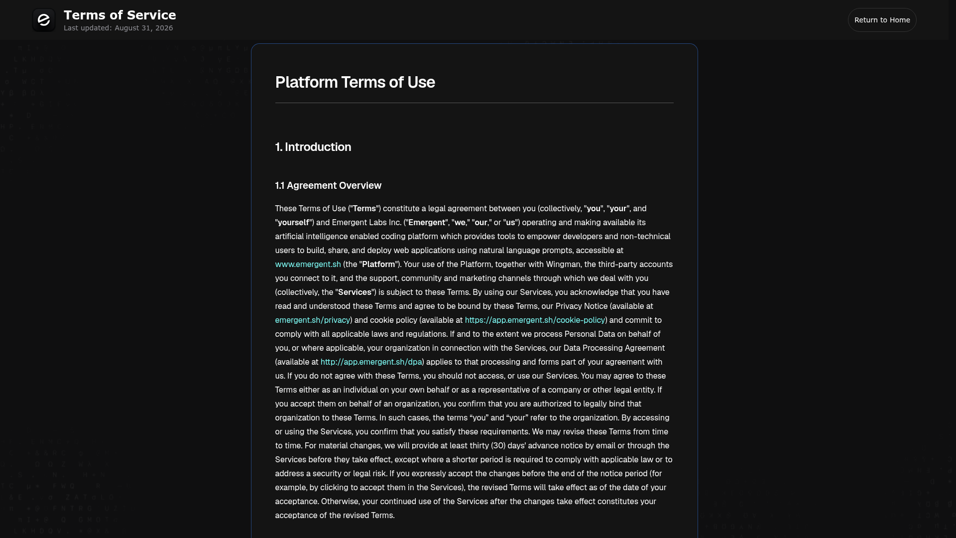 Emergent Terms of Service updated August 31 2026