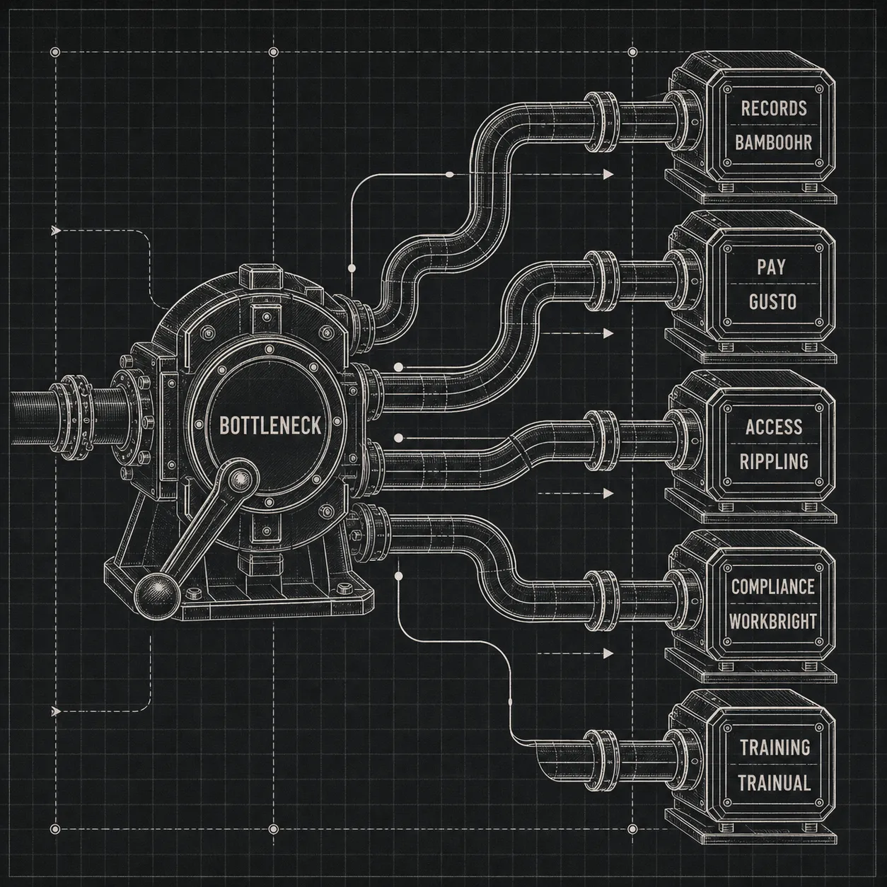Decision flow routing employee onboarding bottlenecks to the right software category