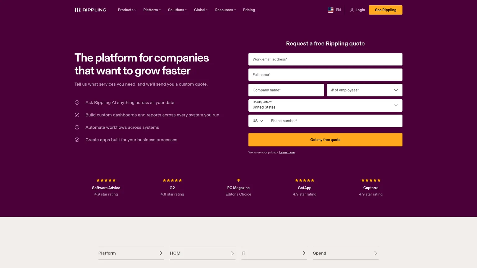 Rippling workforce platform pricing and product interface