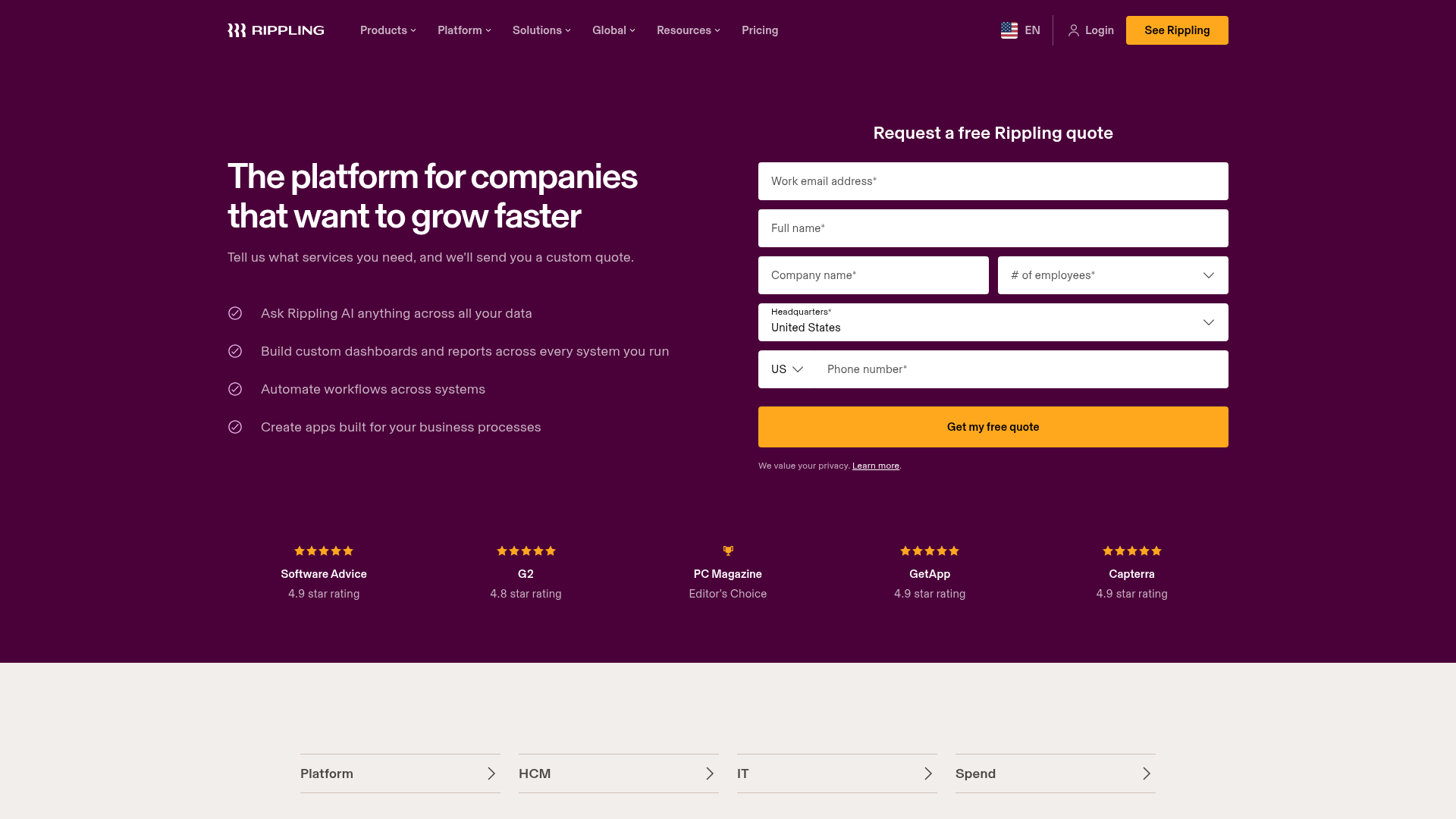 Rippling workforce platform pricing and product interface