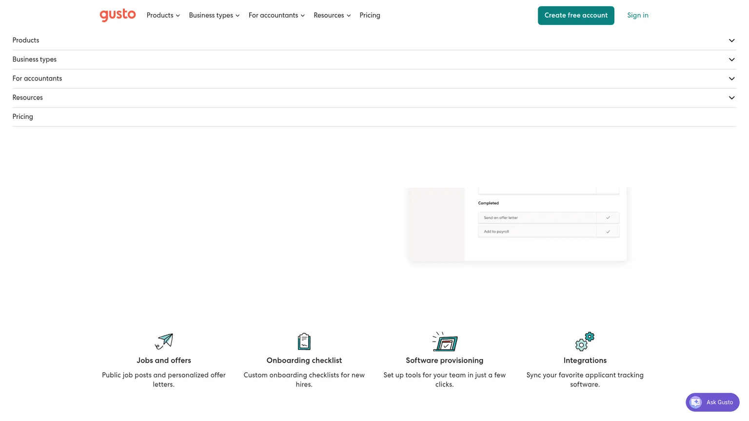 Gusto hiring and employee onboarding interface