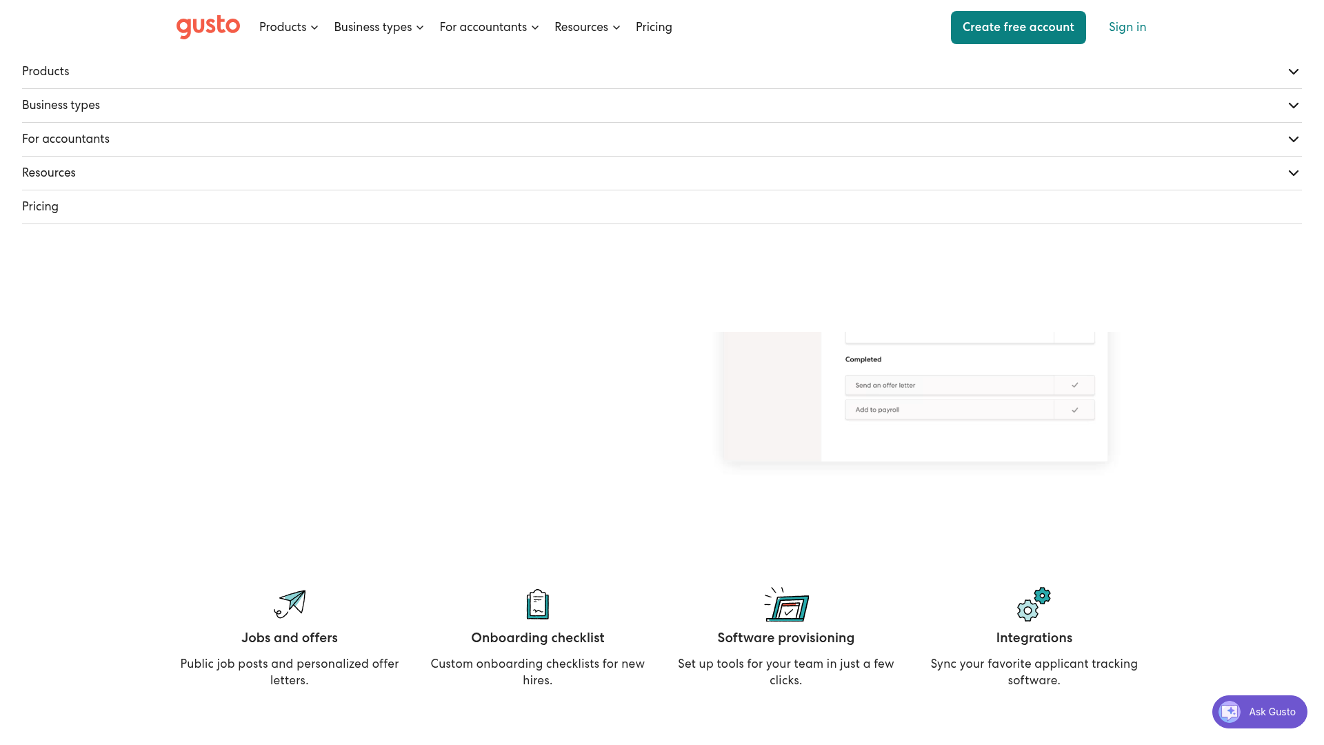 Gusto hiring and employee onboarding interface