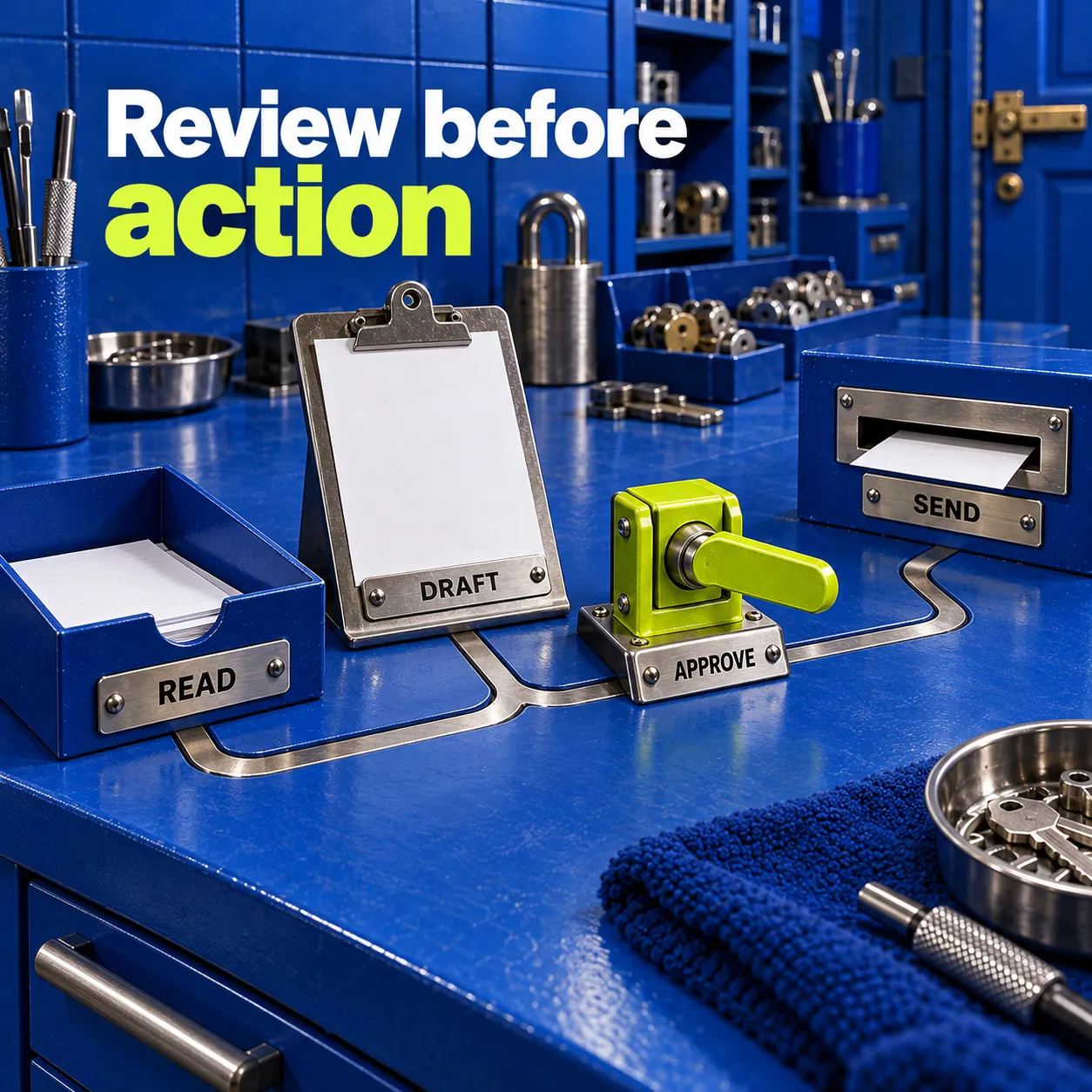 A physical read, draft, approve and send sequence with a review latch before the send step