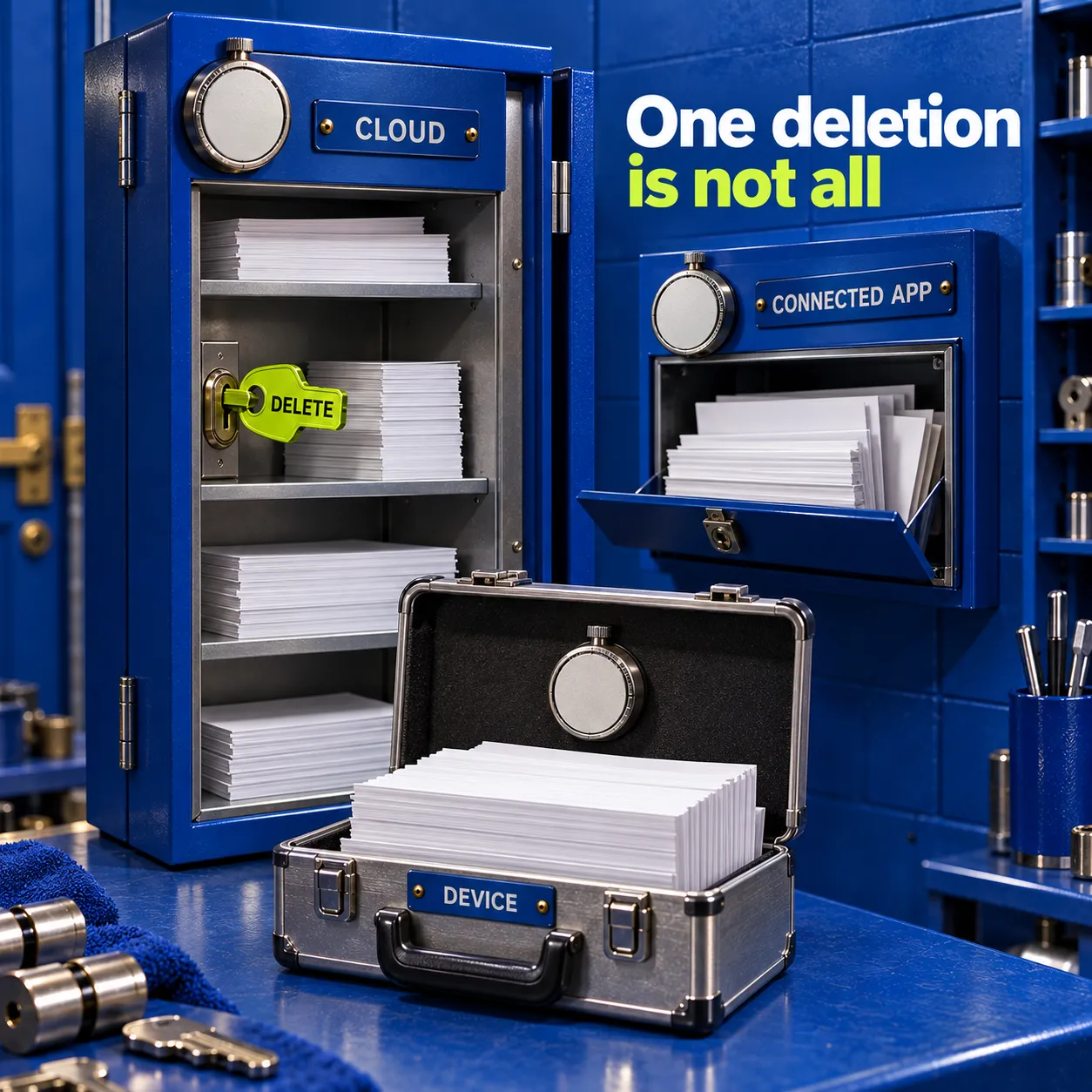 Separate cloud, device and connected-app document stores, each with its own timer, while a delete key controls only the cloud cabinet