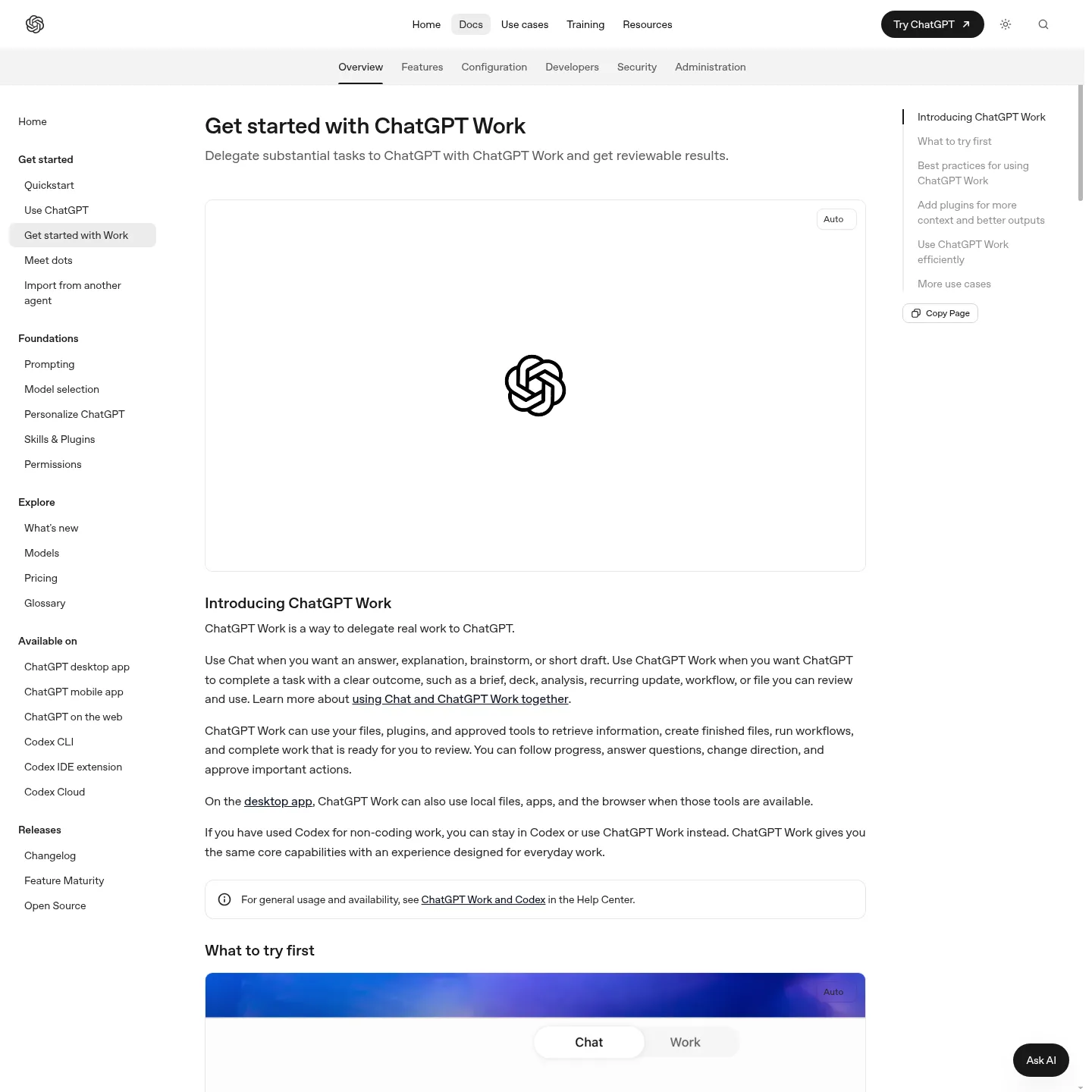 Official ChatGPT Work guide showing delegated tasks, deliverables and connected plugins