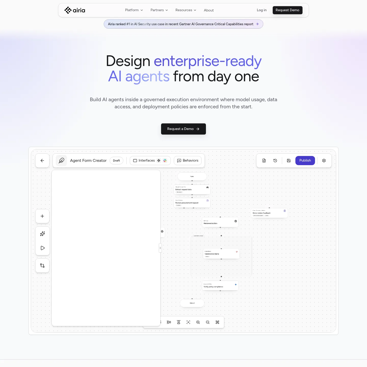 Airia Agent Builder showing a governed procurement workflow with model, code and approval steps