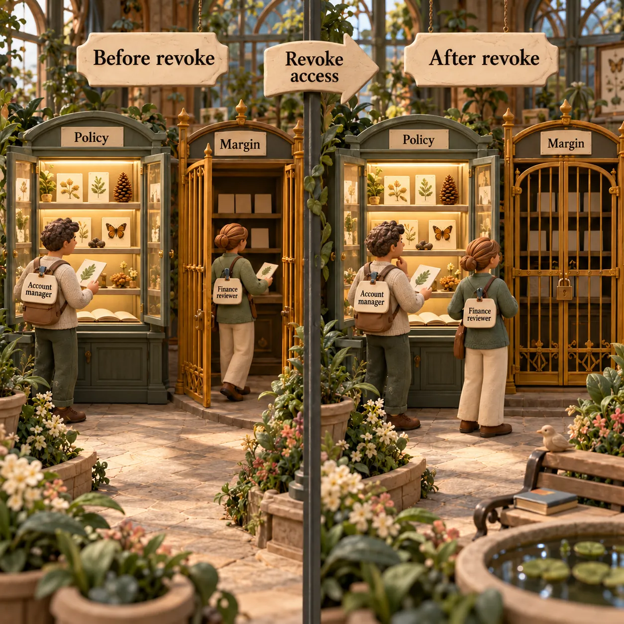 Before and after an access revocation, both roles retain shared policy access while the finance reviewer loses access to the private margin cabinet