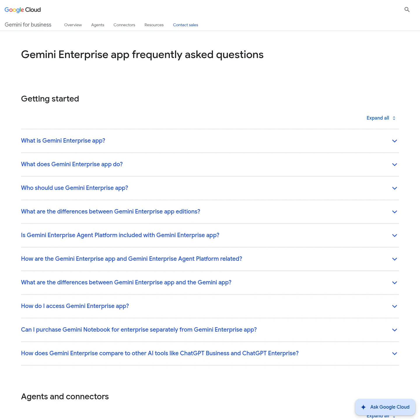 Google's Gemini Enterprise FAQ describing the app, connectors and access controls