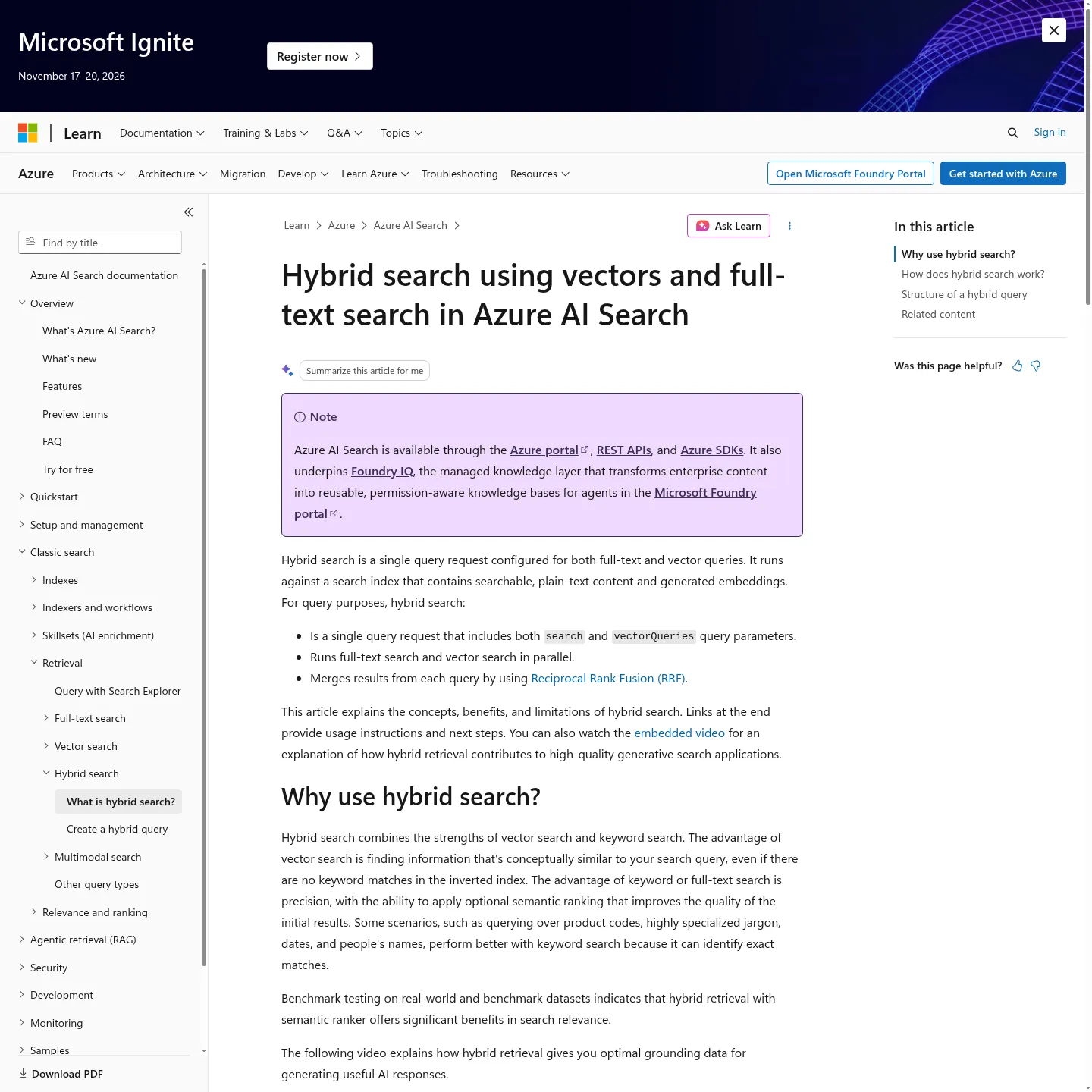 Microsoft's Azure AI Search documentation explaining hybrid retrieval