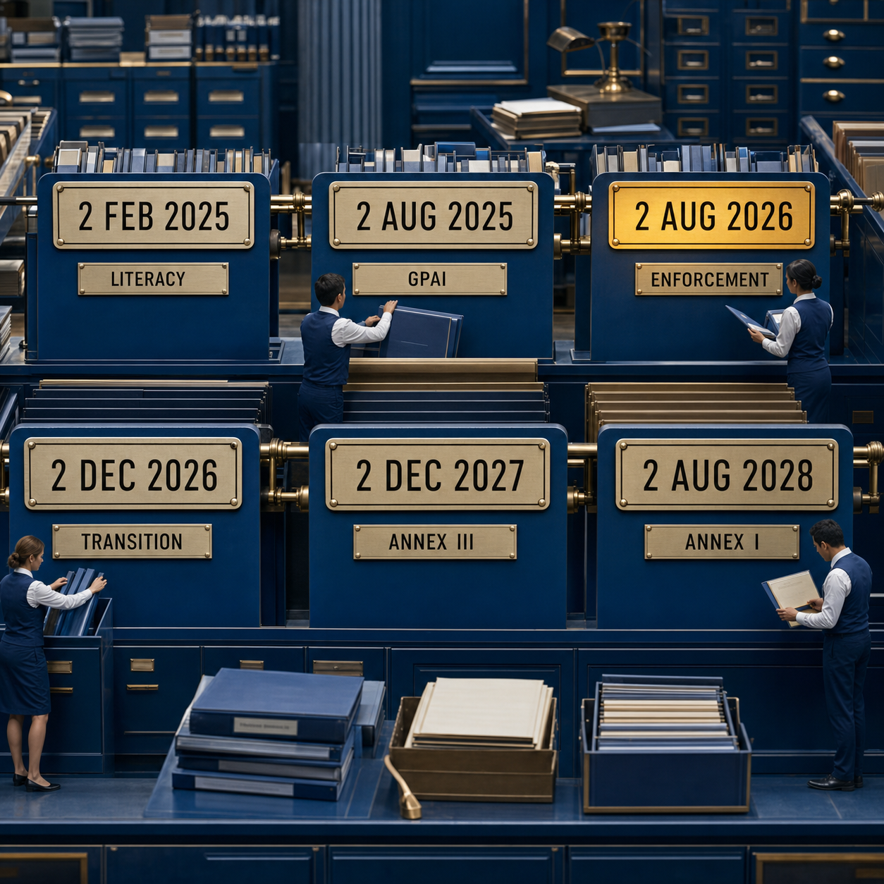 Physical EU AI Act timeline from February 2025 to August 2028