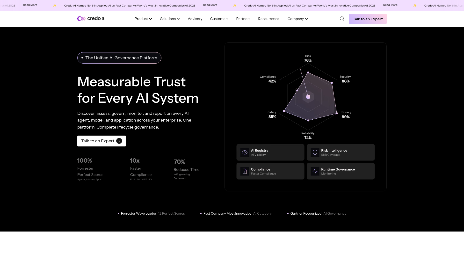 Credo AI product page showing AI governance capabilities