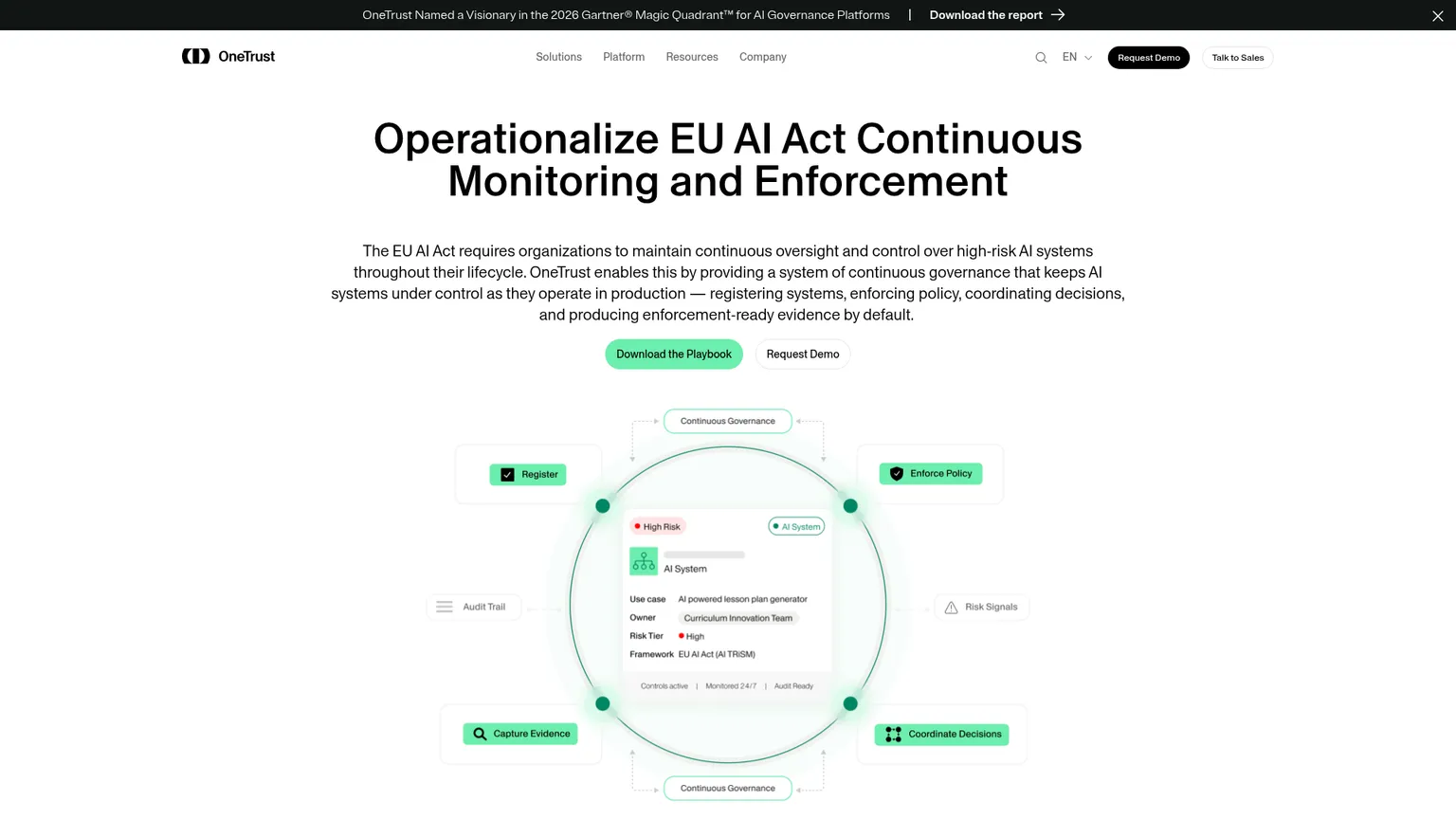 OneTrust EU AI Act compliance solution page