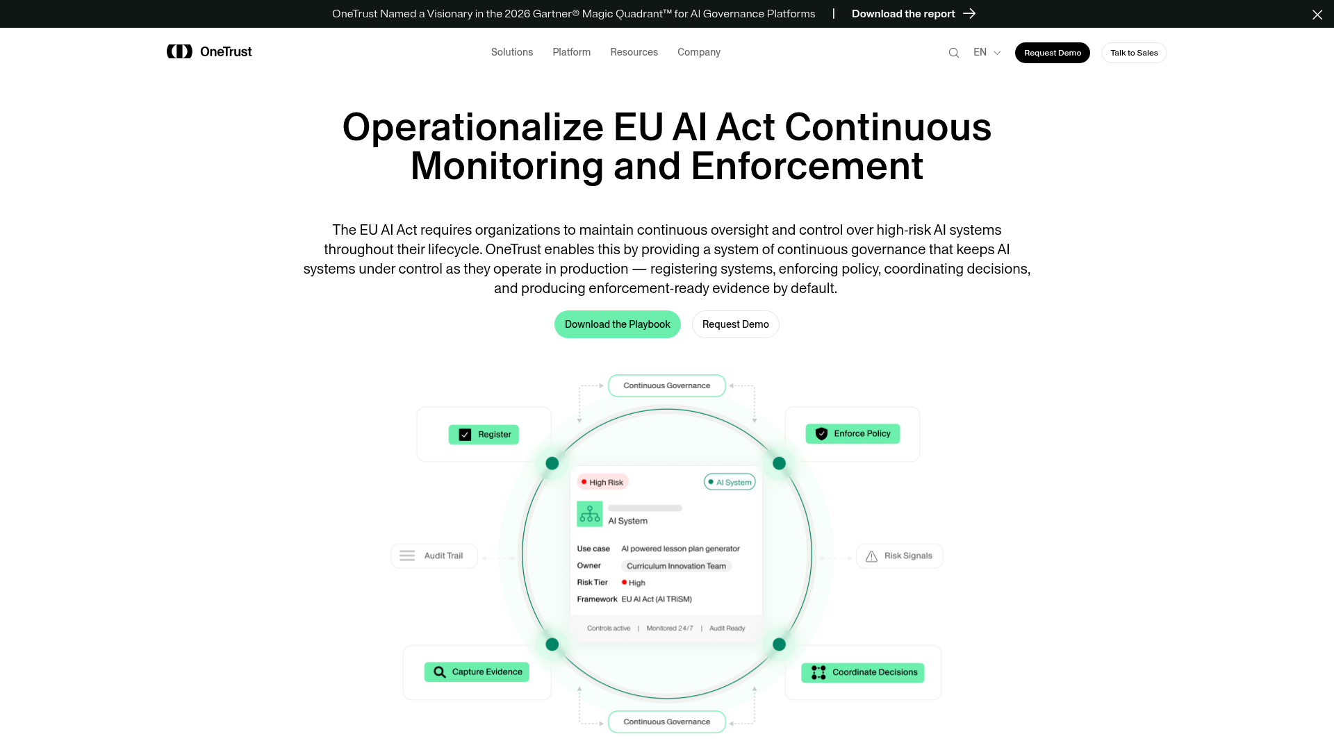 OneTrust EU AI Act compliance solution page