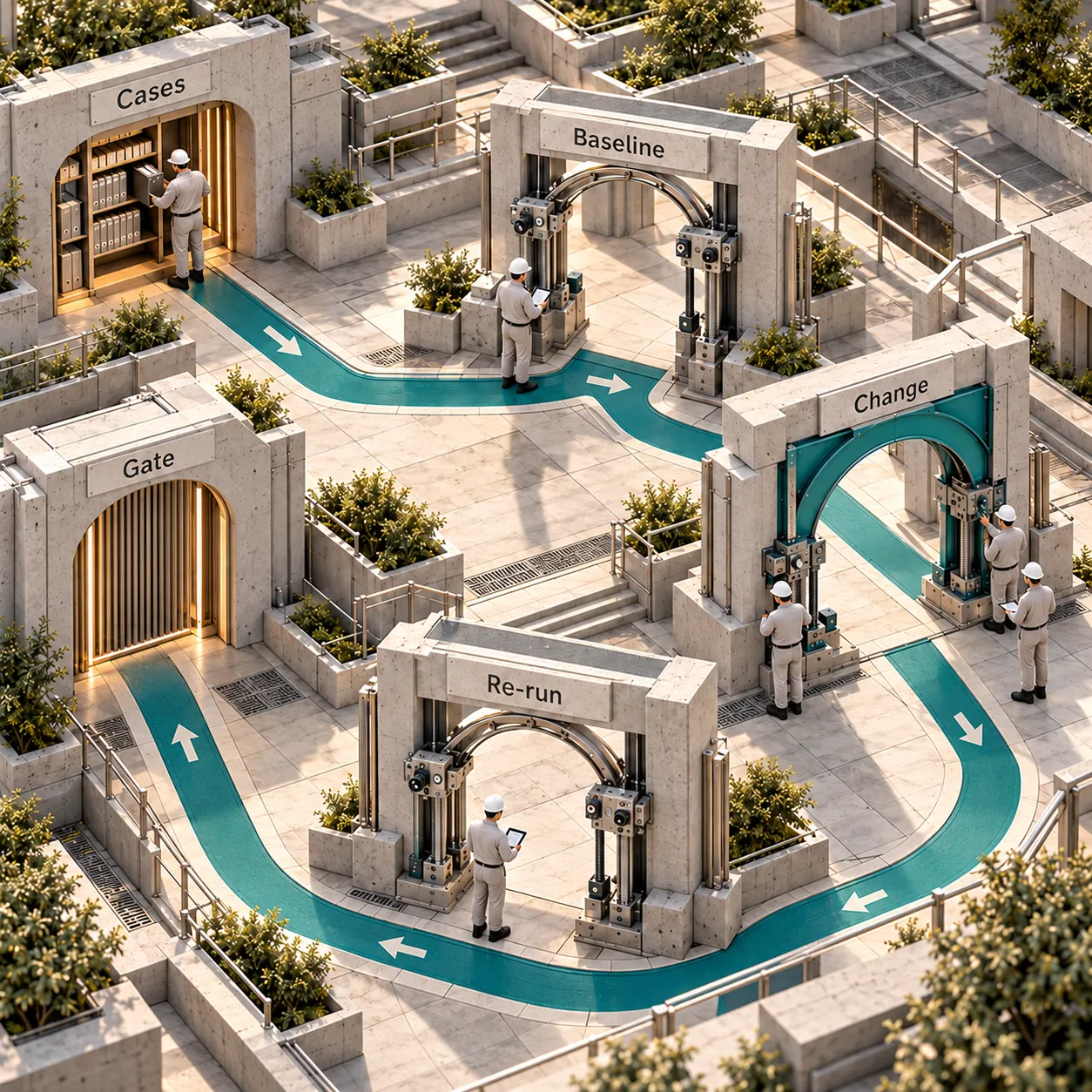 Architectural circulation loop connecting cases, baseline, change, rerun and release gate