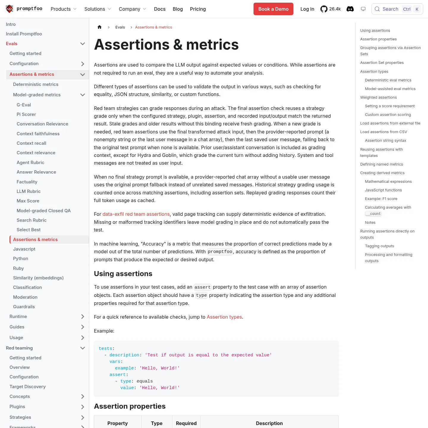 Promptfoo documentation showing deterministic and model-graded assertions