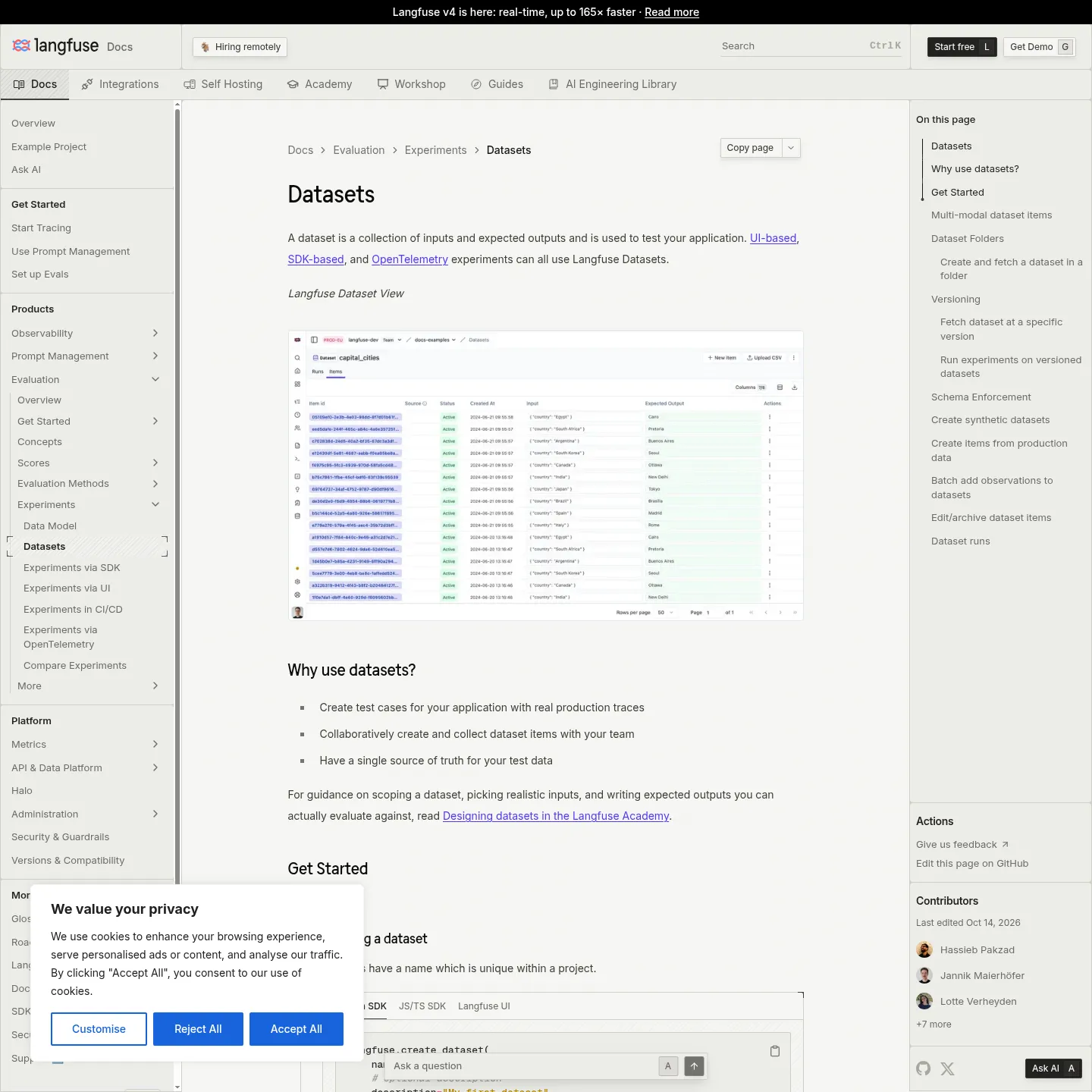 Langfuse dataset documentation showing test inputs, expected outputs and dataset versioning