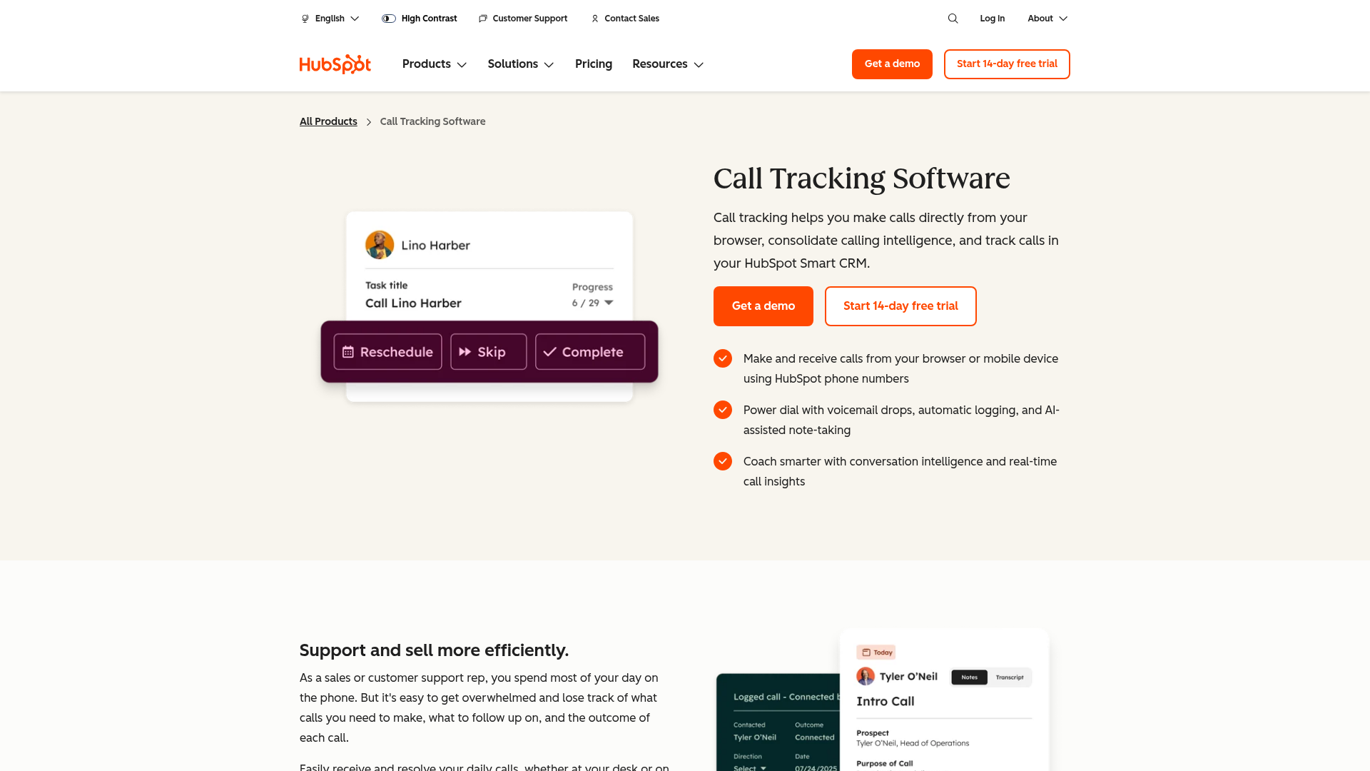 HubSpot call tracking page screenshot