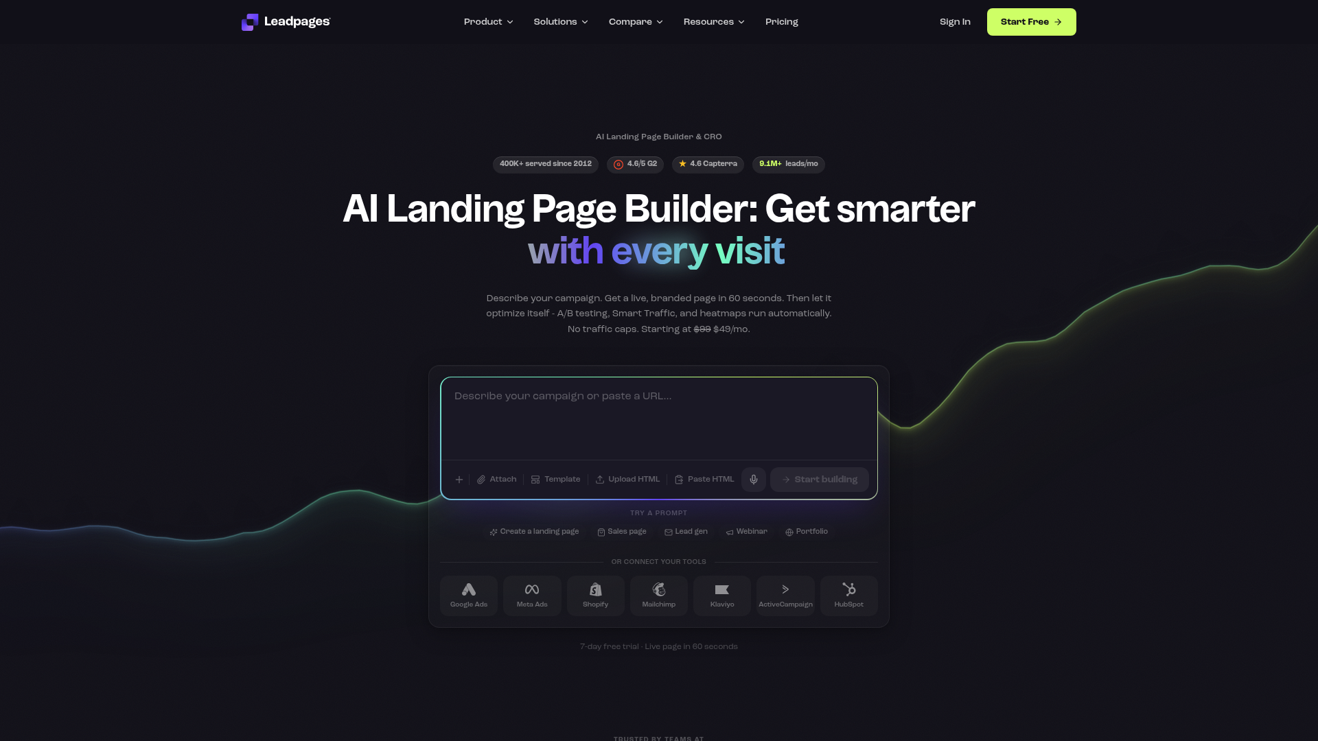 Leadpages pricing and builder homepage