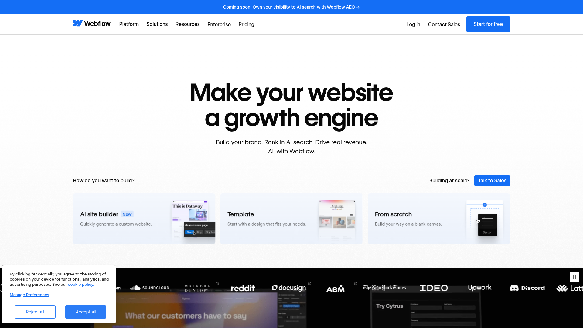 Webflow AI-native site and landing page platform homepage