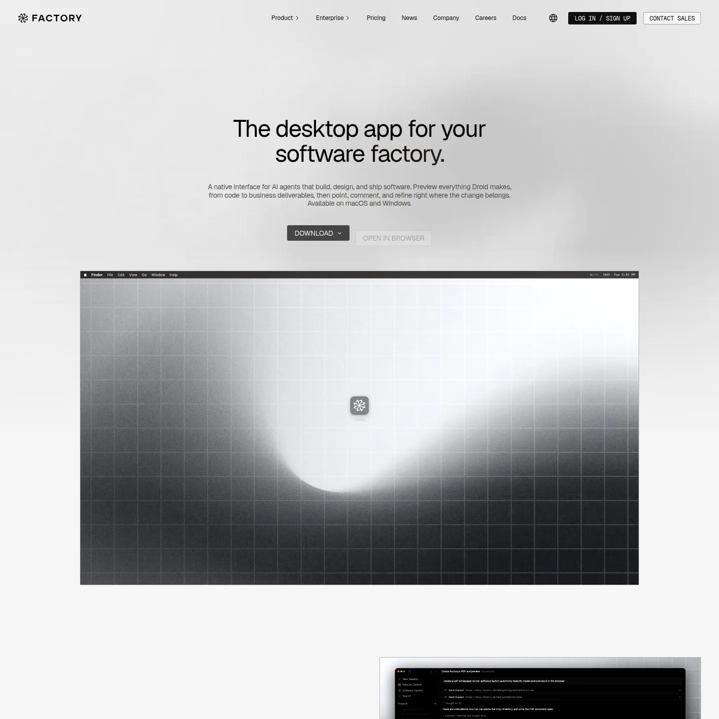 صفحة Factory Desktop تعرض المعاينات ومراجعة الشفرة ضمن السياق والأدوات المتصلة