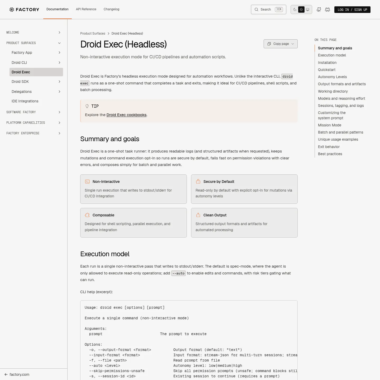 وثائق Factory Droid Exec تشرح التنفيذ دون واجهة تفاعلية ومستويات الصلاحيات