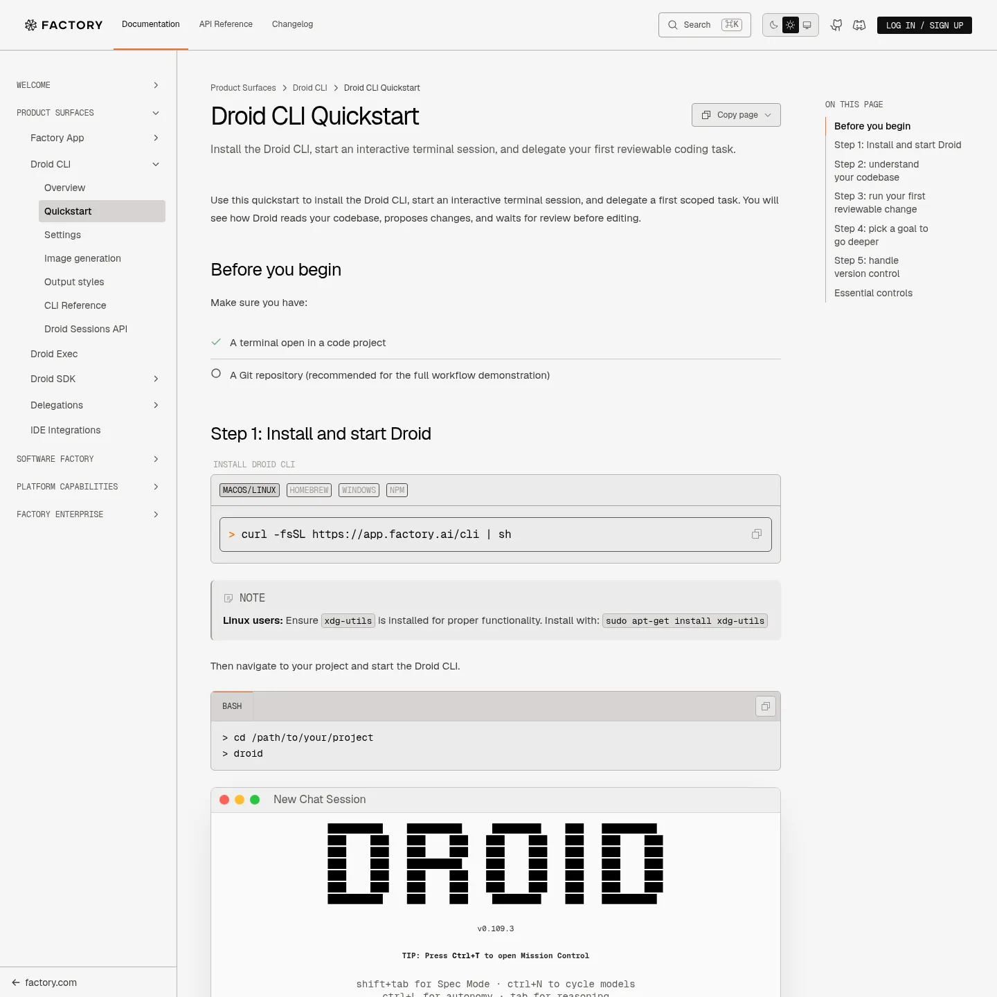 دليل البدء السريع لواجهة Factory Droid CLI يعرض التثبيت وأول مهمة برمجية قابلة للمراجعة