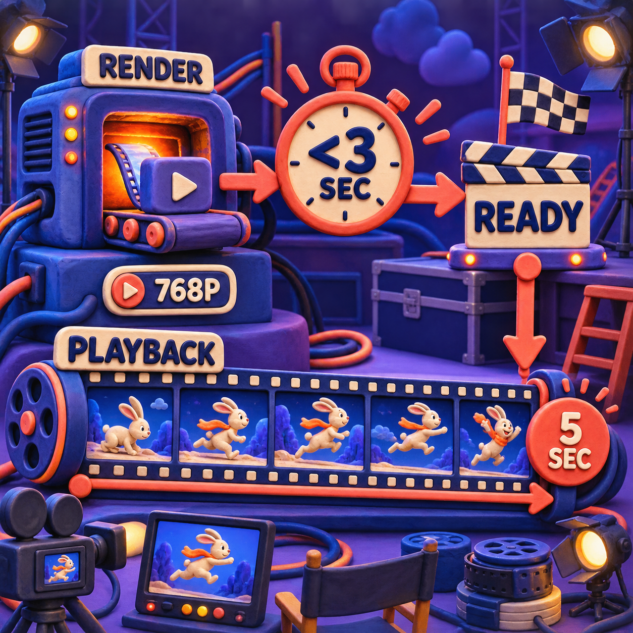 Physical infographic comparing a sub-three-second H3 Max render with five seconds of video playback