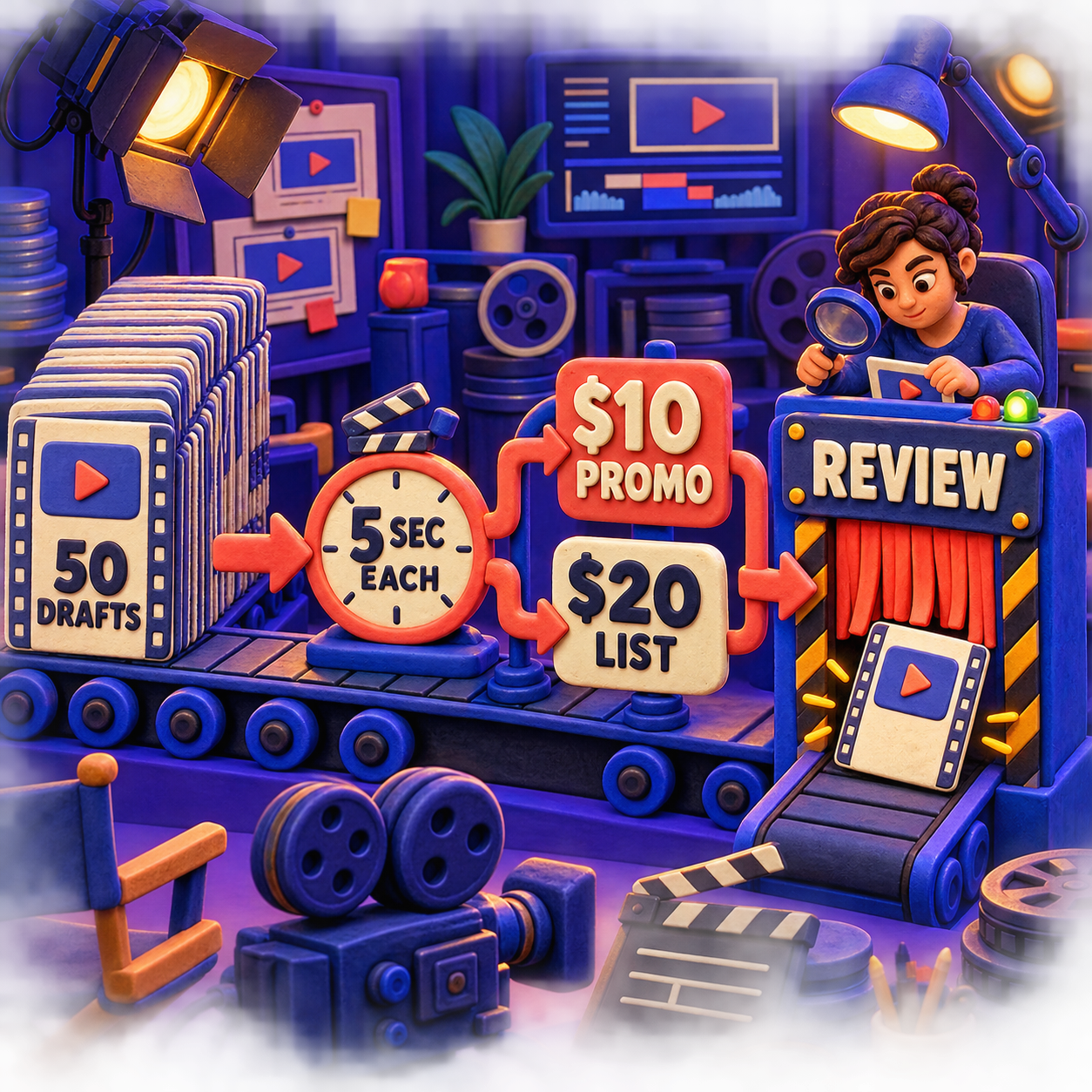 Physical cost-flow infographic showing fifty five-second H3 Max drafts costing ten dollars promotional or twenty dollars list before human review