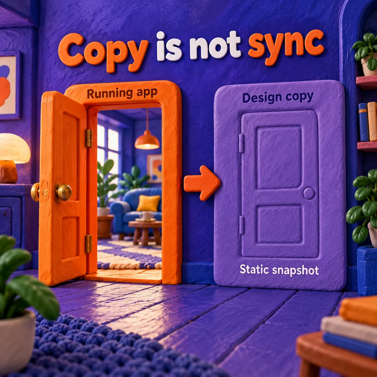 A working clay door copied into a flat impression to explain a static design snapshot